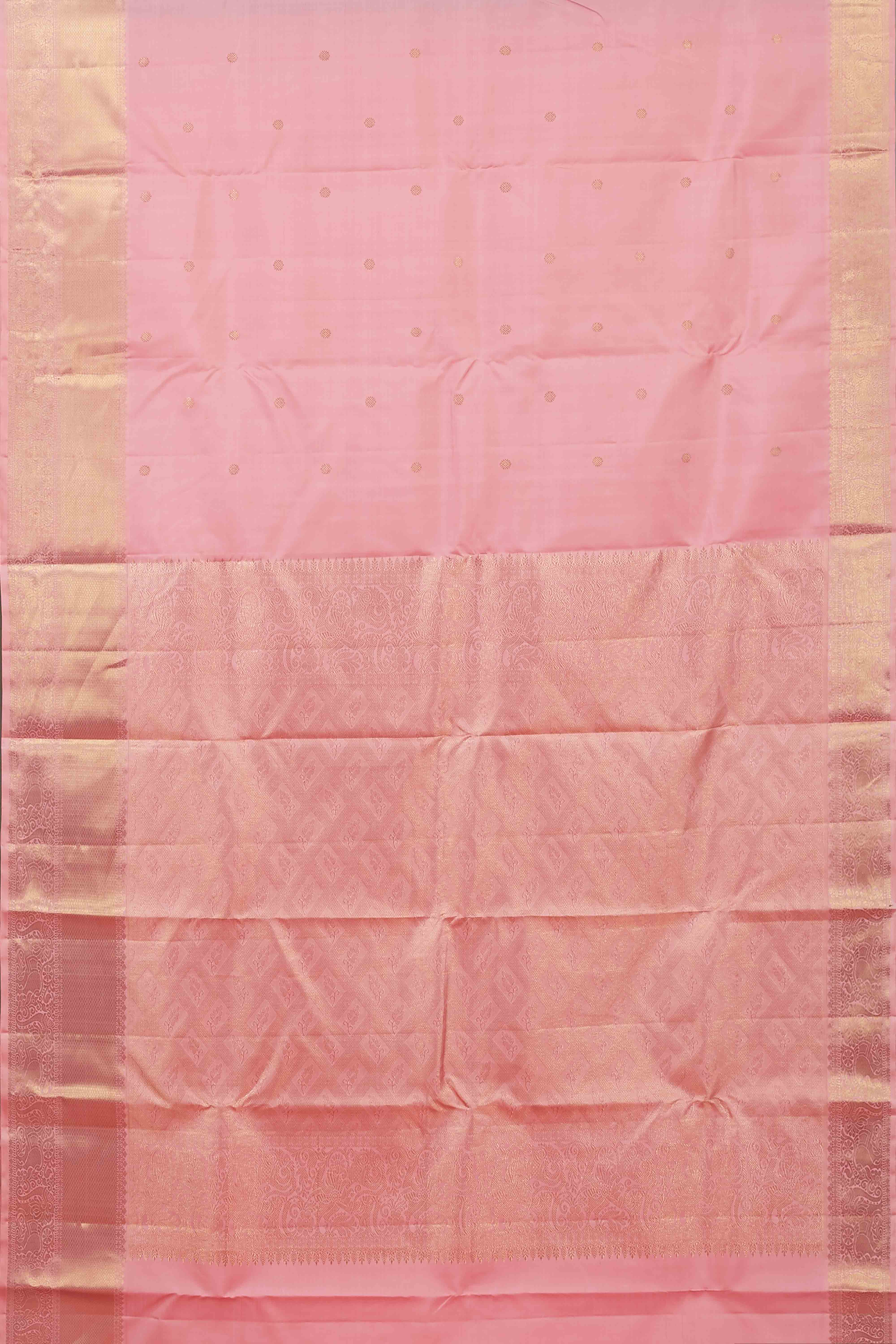Blush Pink Kanchipuram Silk Saree with Lustrous Gold Zari Weaving and Subtle Contrast Border - Image 4
