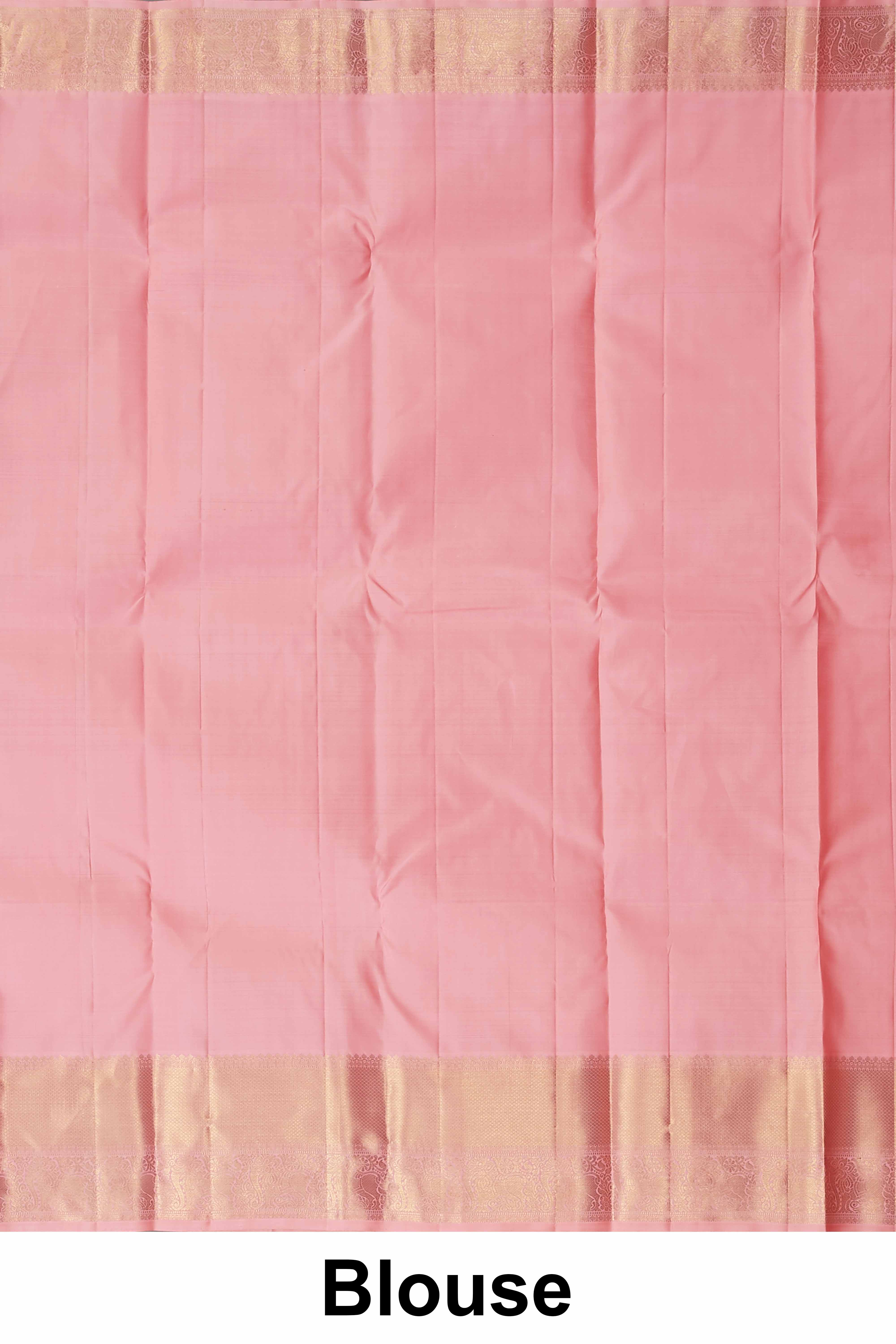 Blush Pink Kanchipuram Silk Saree with Lustrous Gold Zari Weaving and Subtle Contrast Border - Image 5