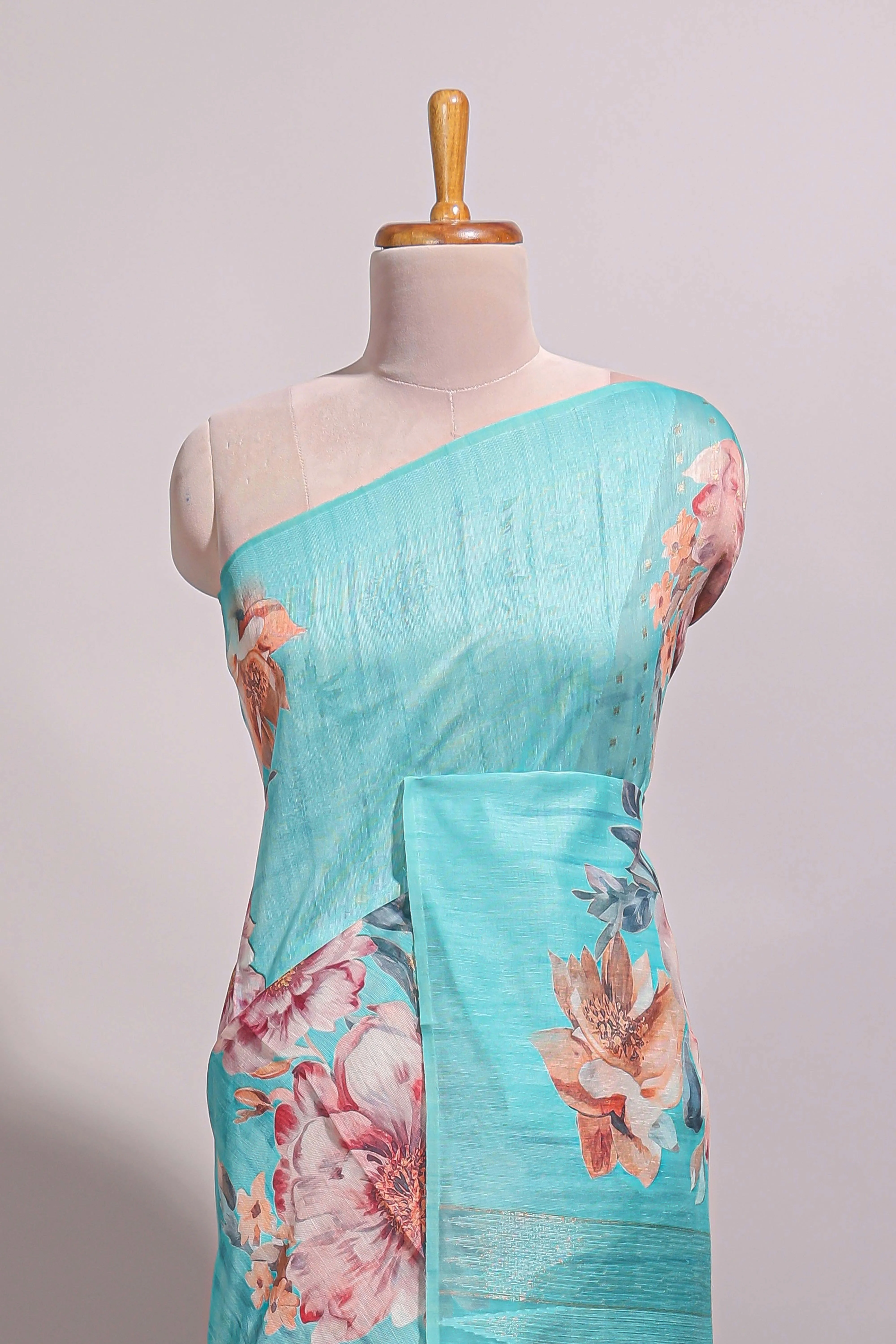Borderless blue floral design semi tussar saree with self pallu and blouse - Image 3