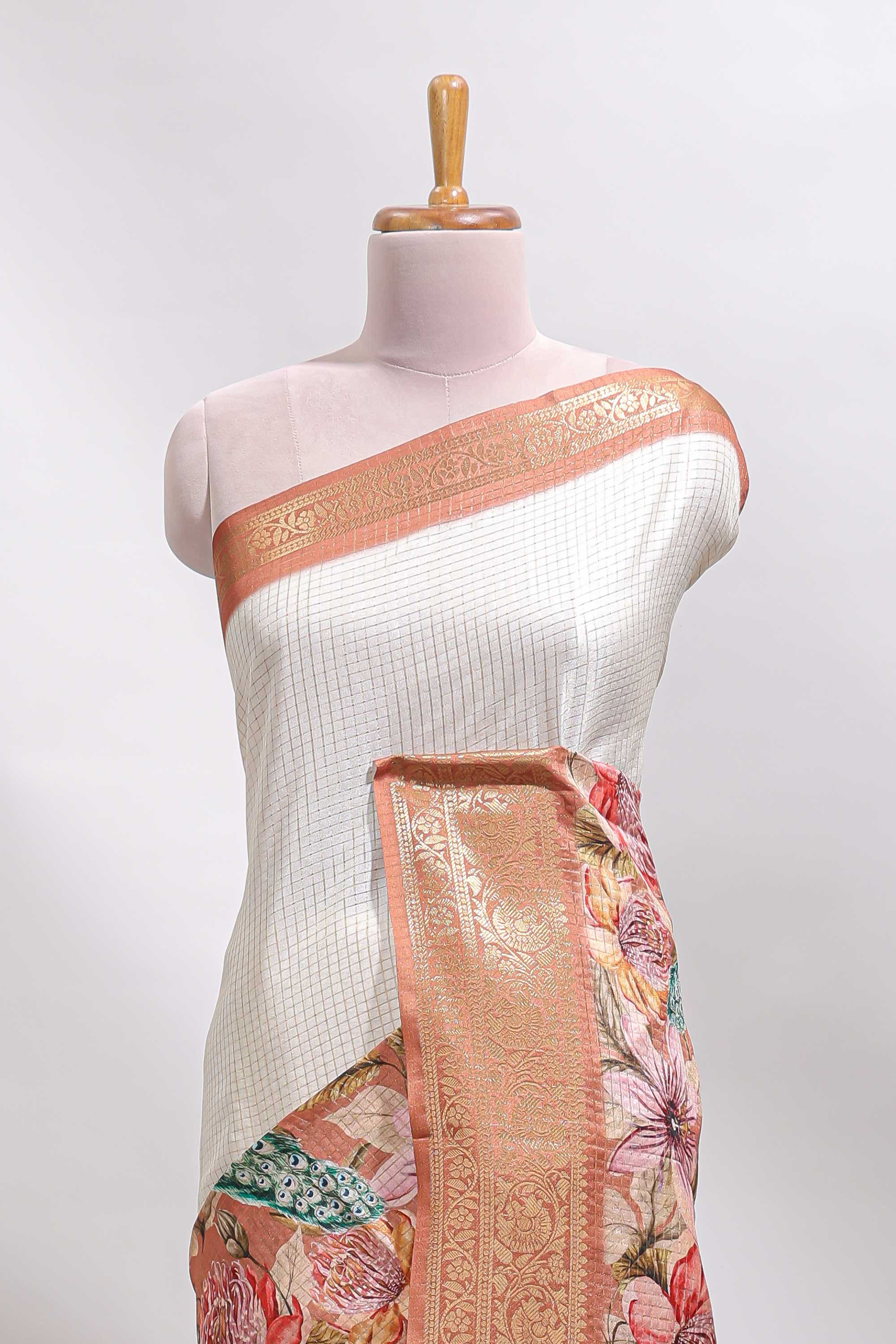 Cream & brown dual shade checked peacock & floral design tussar saree with self zari border and matching blouse - Image 3