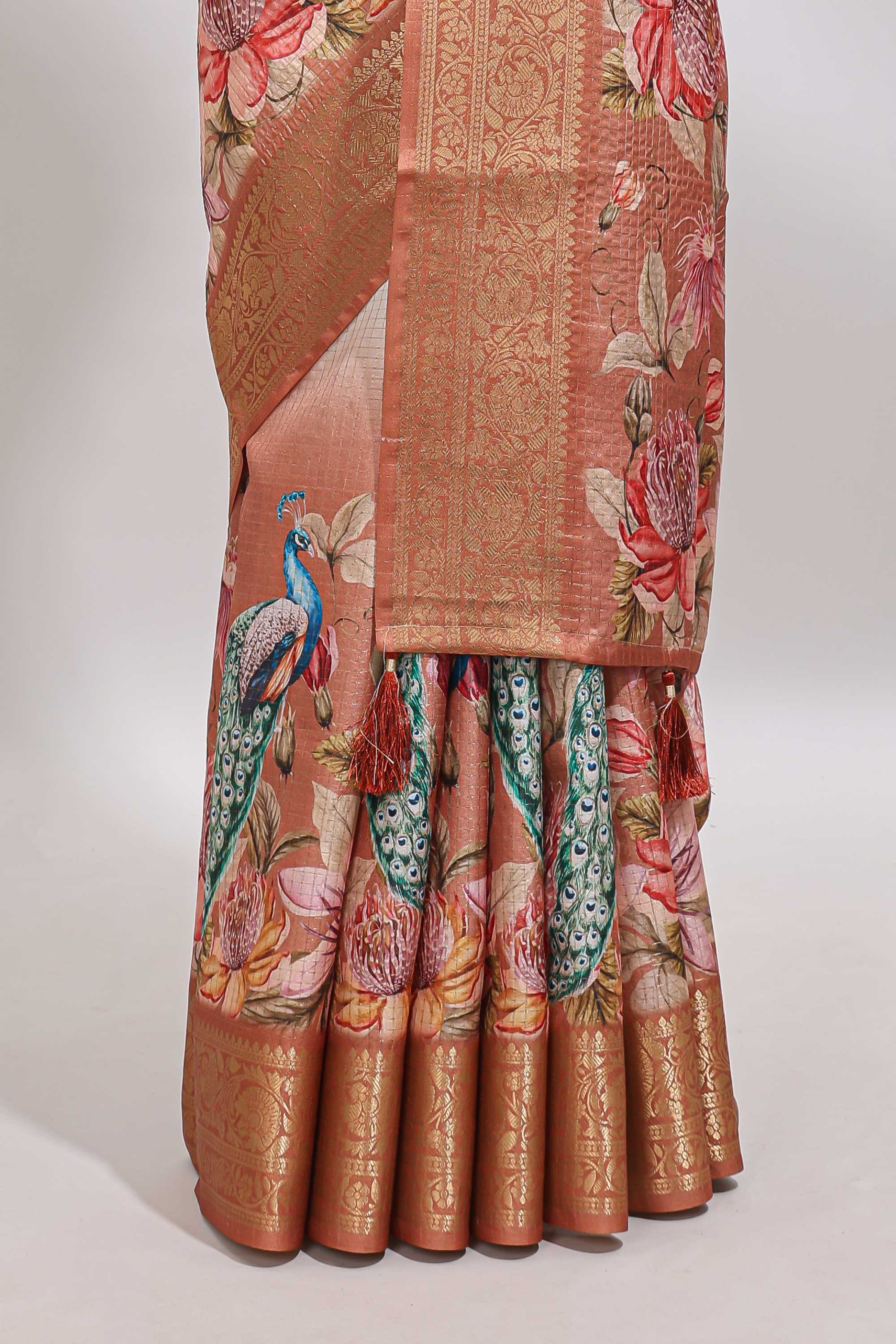 Cream & brown dual shade checked peacock & floral design tussar saree with self zari border and matching blouse - Image 4