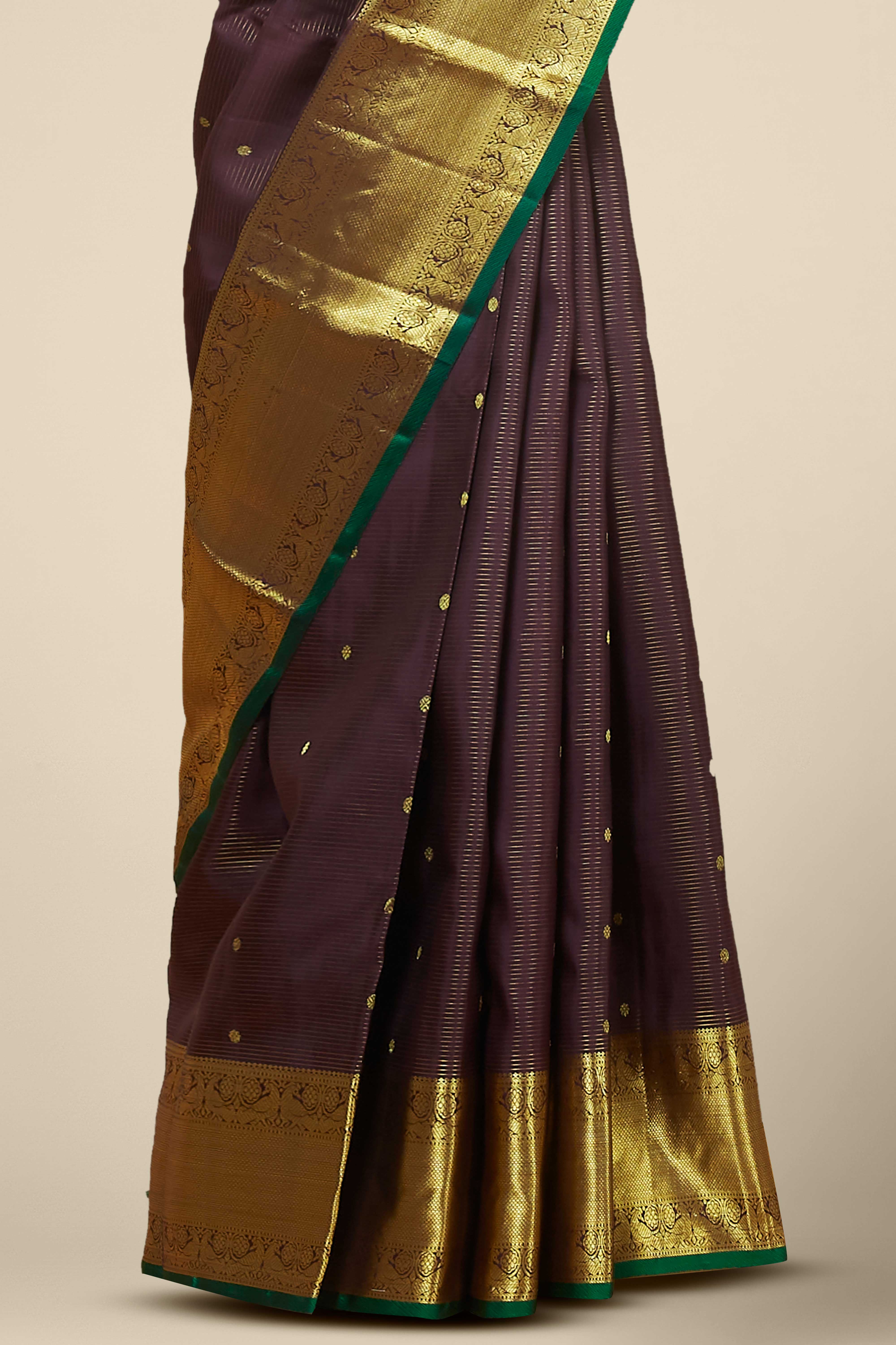 Kanchipuram Vairaoosi and checks Silk Saree in Deep Plum with Gold Zari and Green Selvedge - Image 3