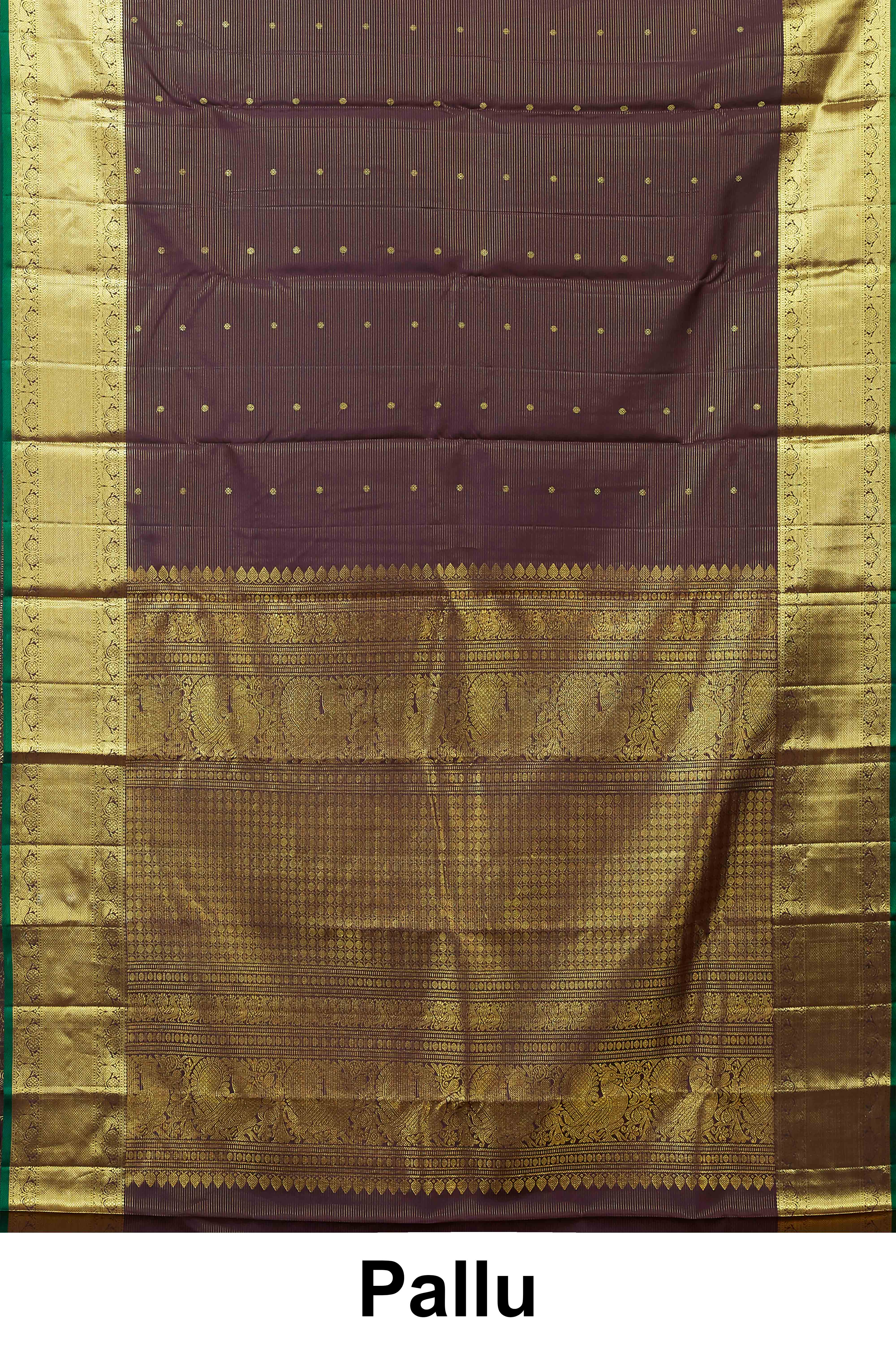 Kanchipuram Vairaoosi and checks Silk Saree in Deep Plum with Gold Zari and Green Selvedge - Image 4