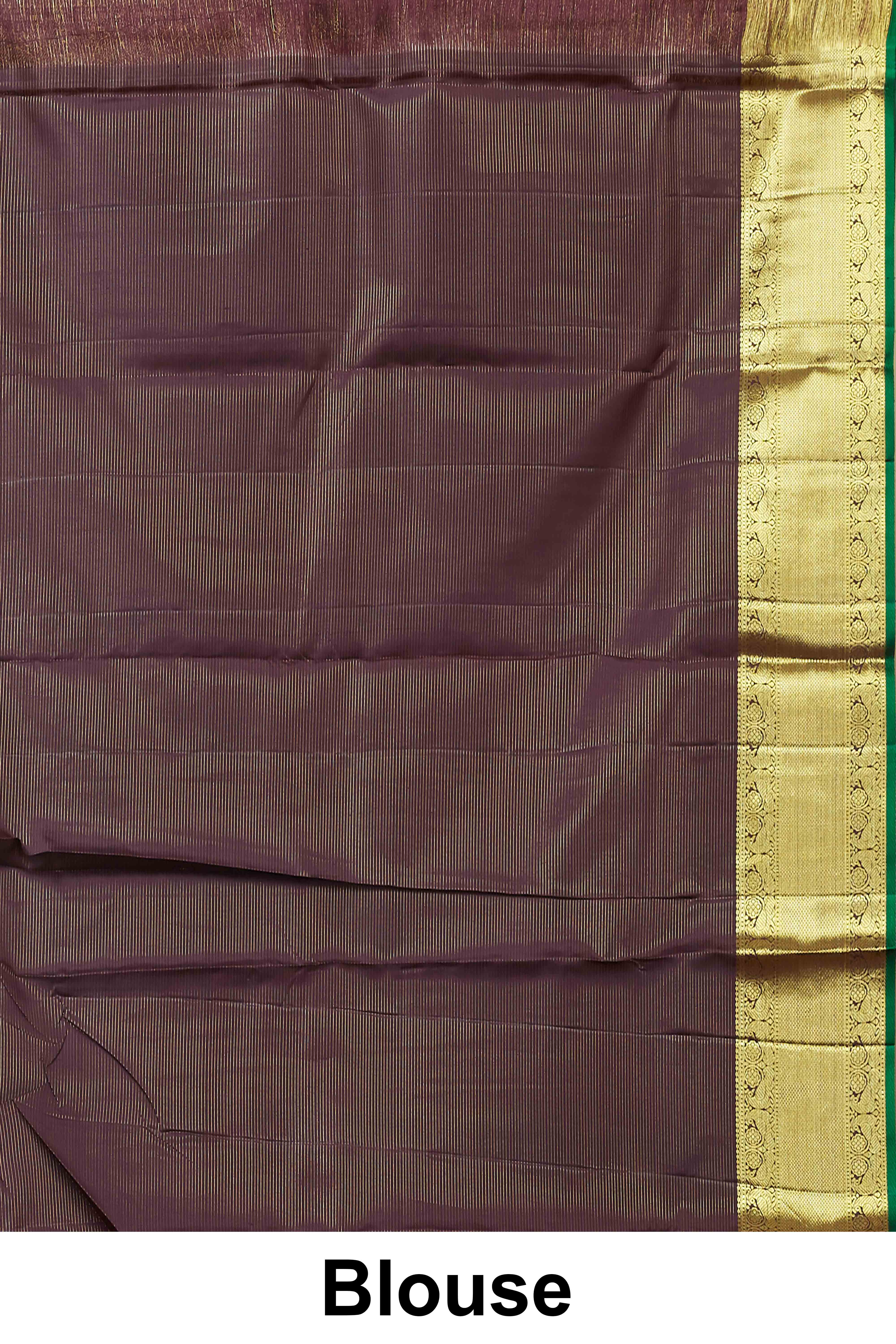 Kanchipuram Vairaoosi and checks Silk Saree in Deep Plum with Gold Zari and Green Selvedge - Image 5