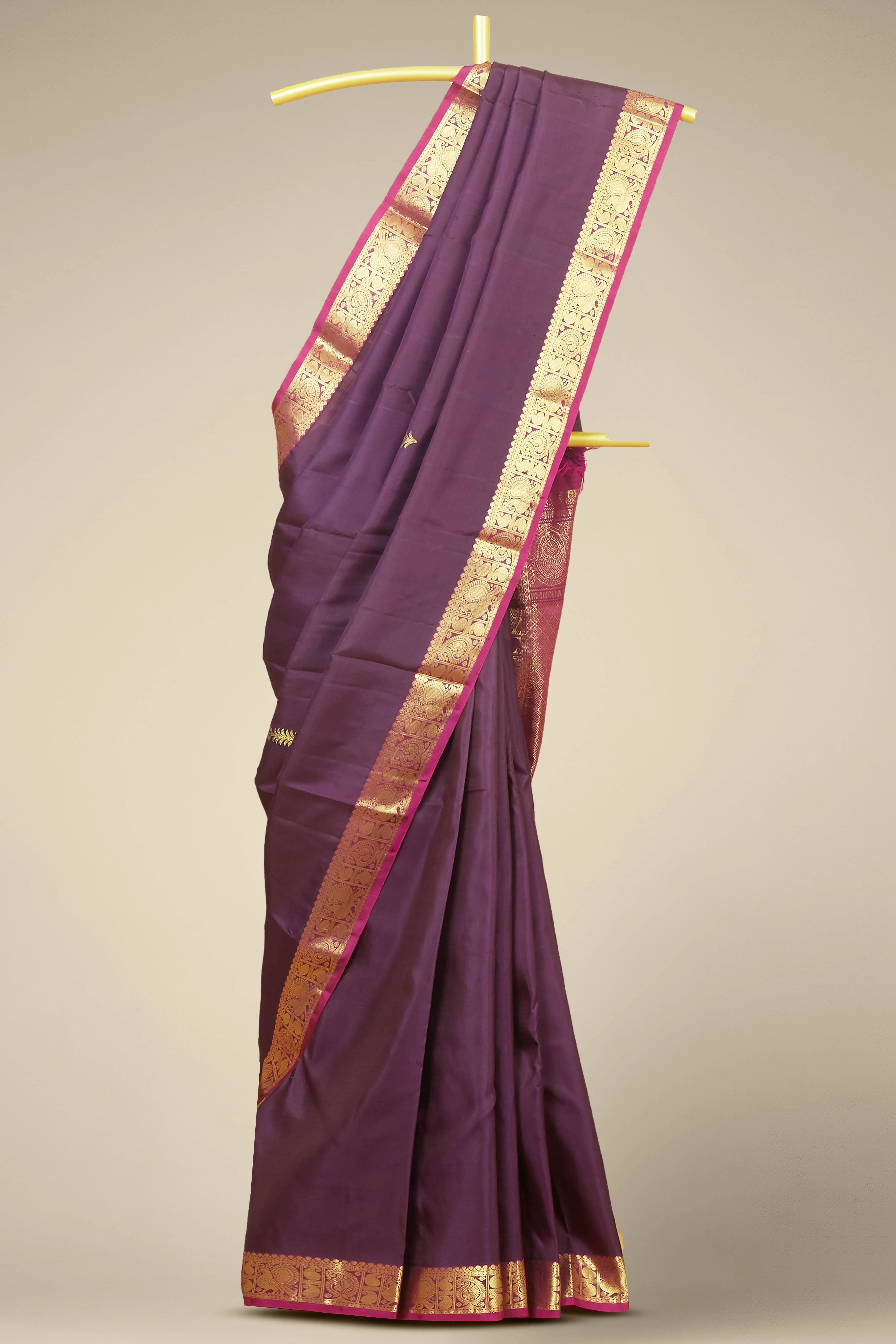 Kanchipuram Traditional Classics Saree in Deep Purple with Gold Zari Border and Contrast Pink Edging
