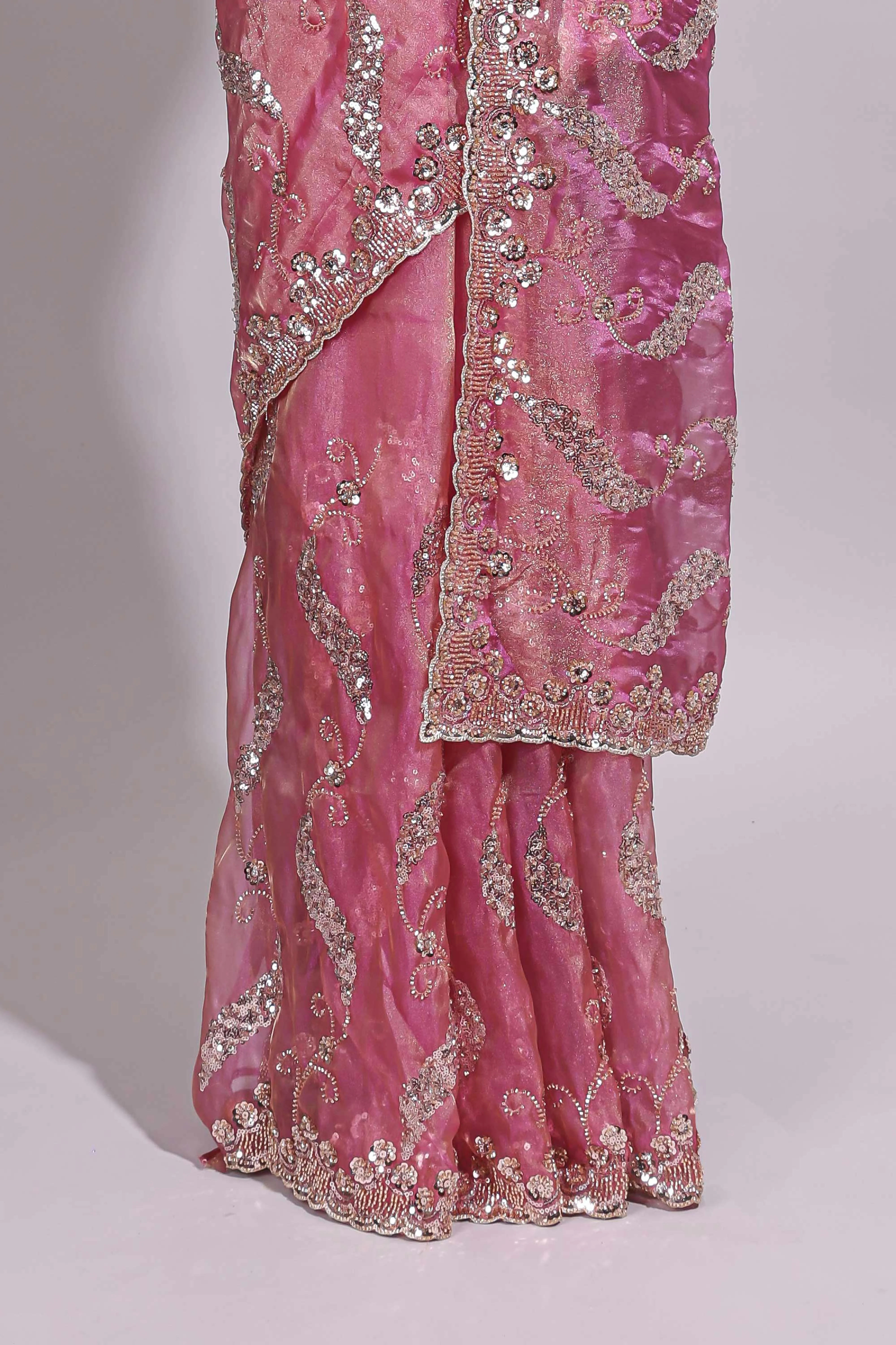 Dusty pink saree with sequin abstract wave embroidery and a detailed embellished border along with matching blouse - Image 4
