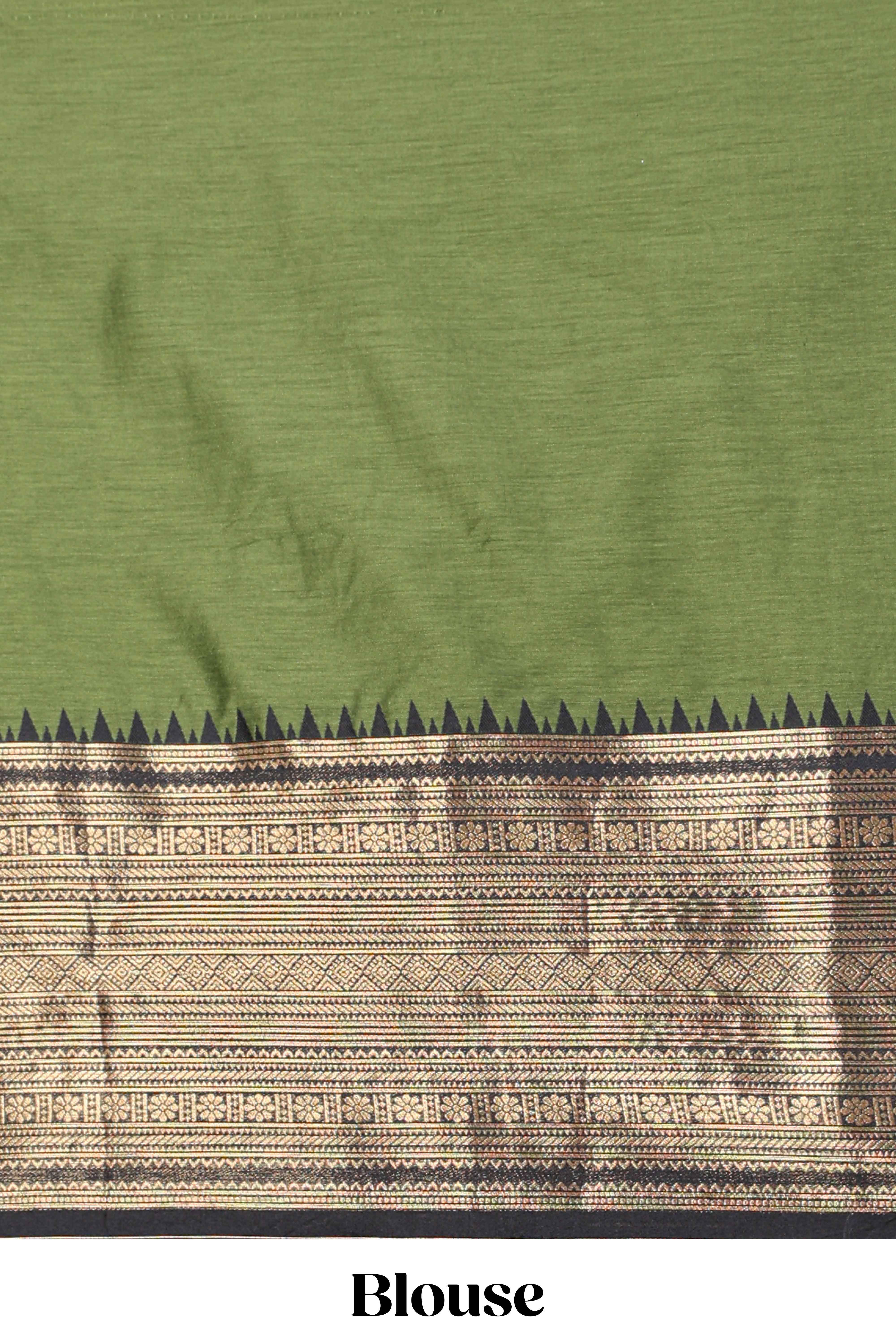 Green with Black Cotton Half Saree with Gold Zari Border Traditional Embroidery and Elegant Detailing - Image 4