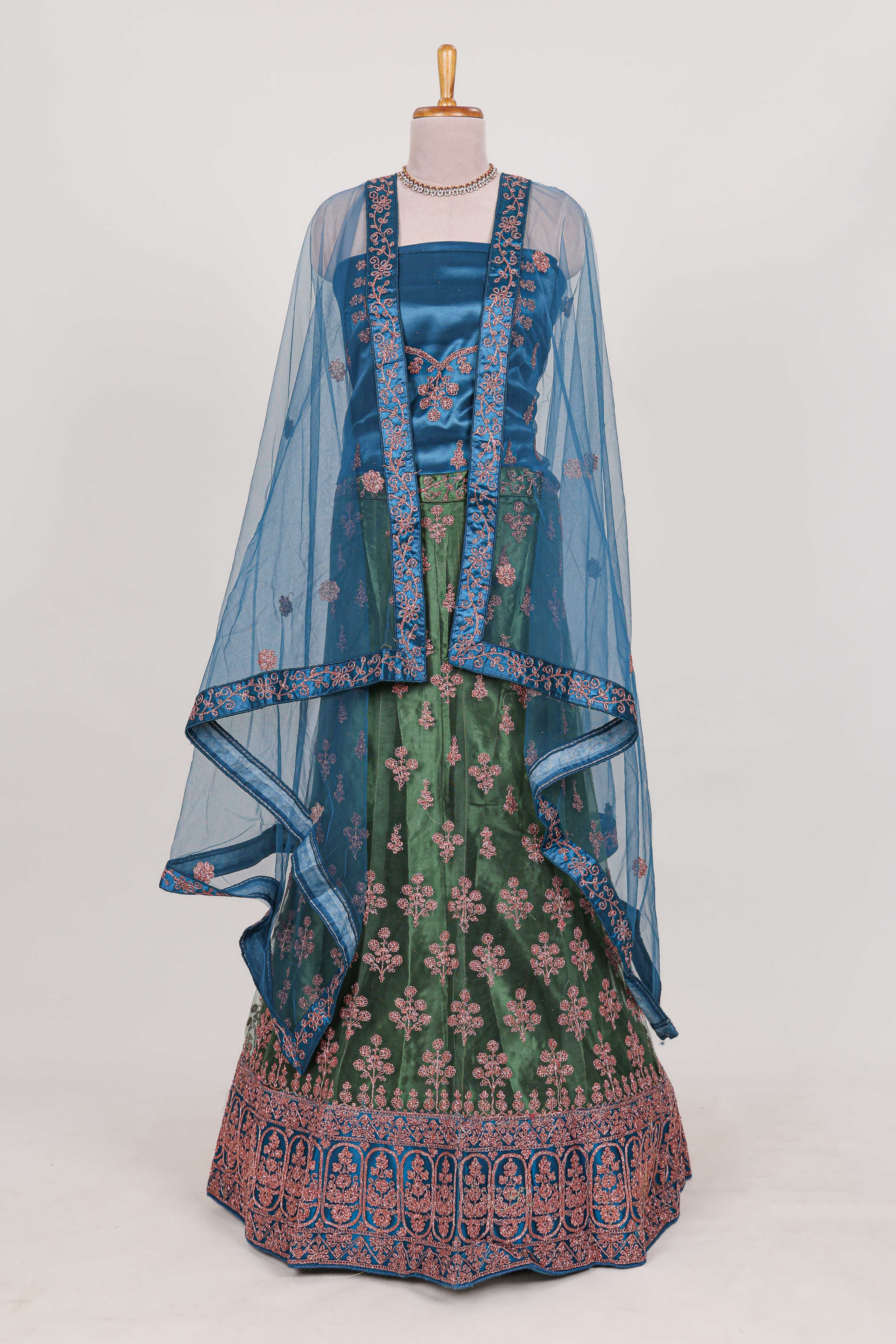 Green and blue Beautiful net lehenga with intricate embroidery stone work and contrast border paired with a contrast net shawl - Image 3