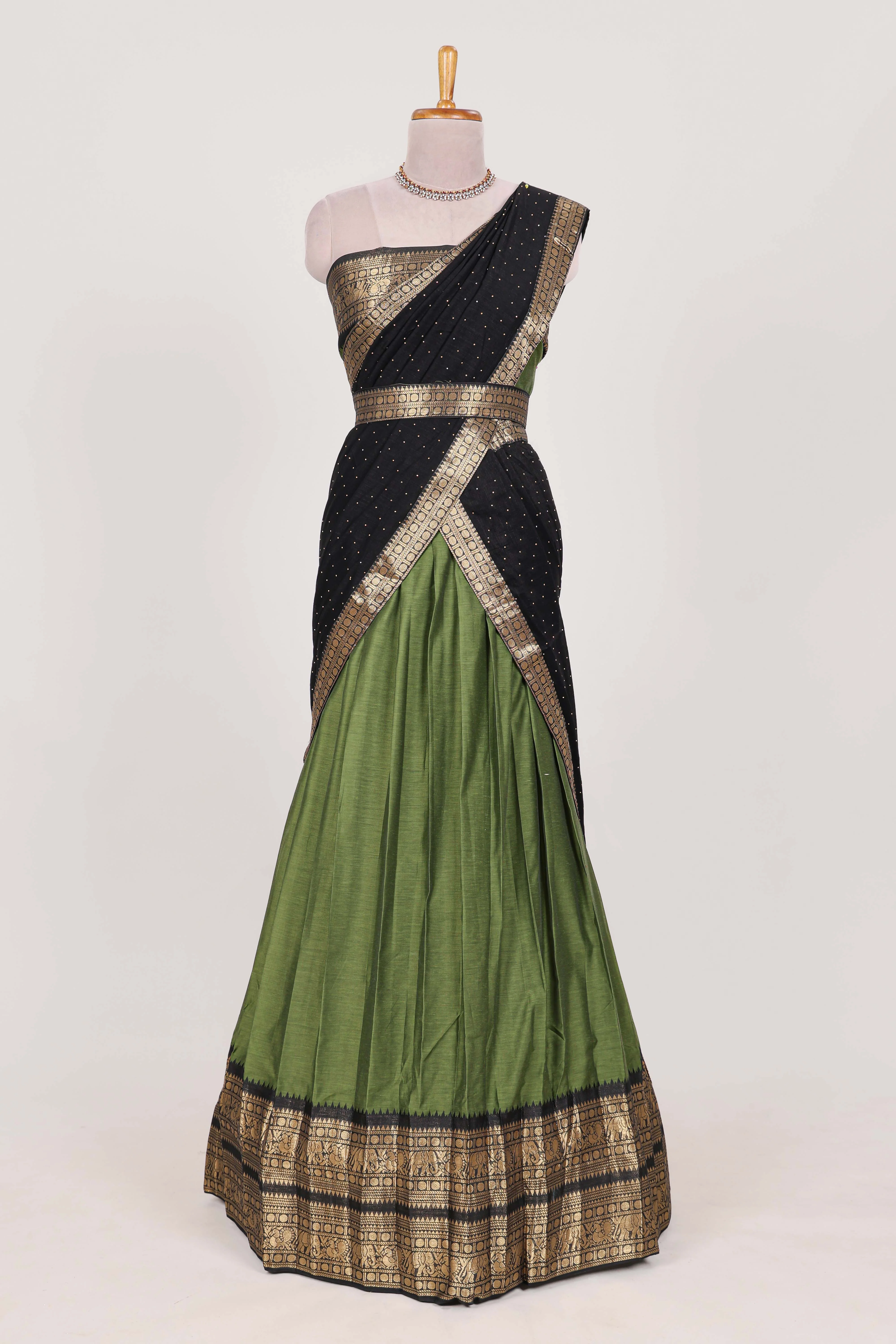 Green Cotton Half Saree with Gold Zari Border Traditional Embroidery and Elegant Detailing
