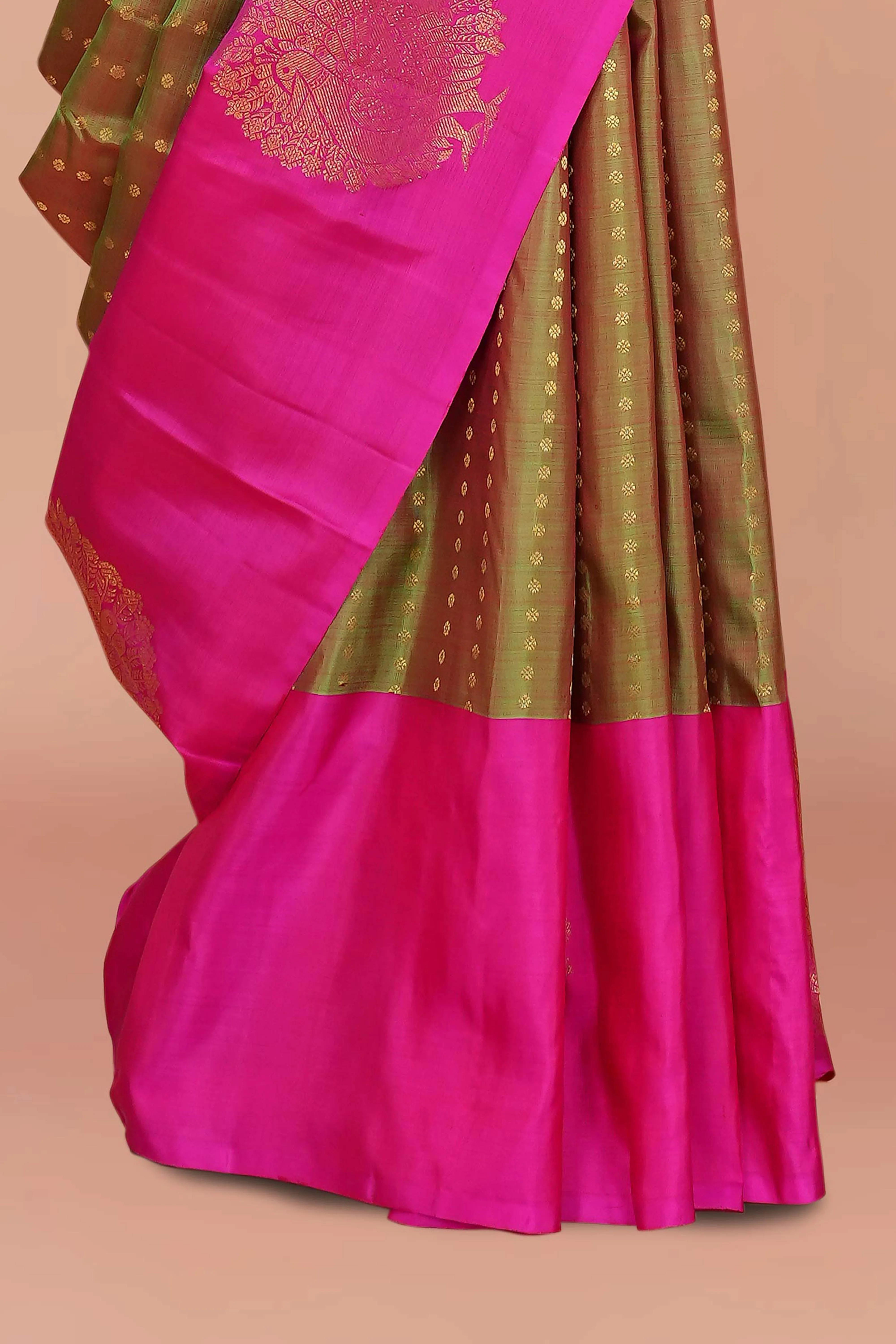 Hot Pink & Olive Green Contrast Border Kanchipuram Pure Silk Saree with Bold Circular Buttas - Image 3