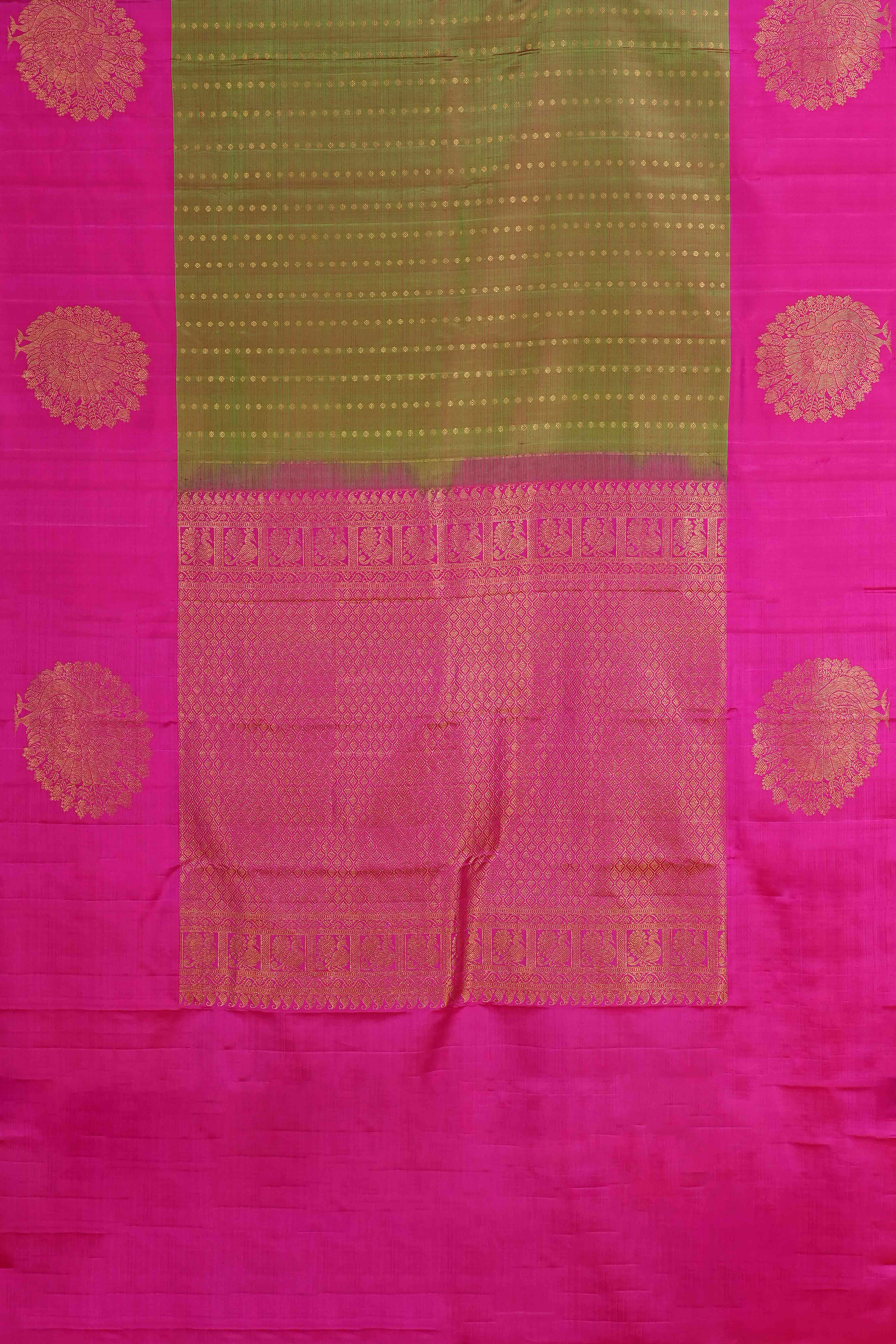 Hot Pink & Olive Green Contrast Border Kanchipuram Pure Silk Saree with Bold Circular Buttas - Image 4