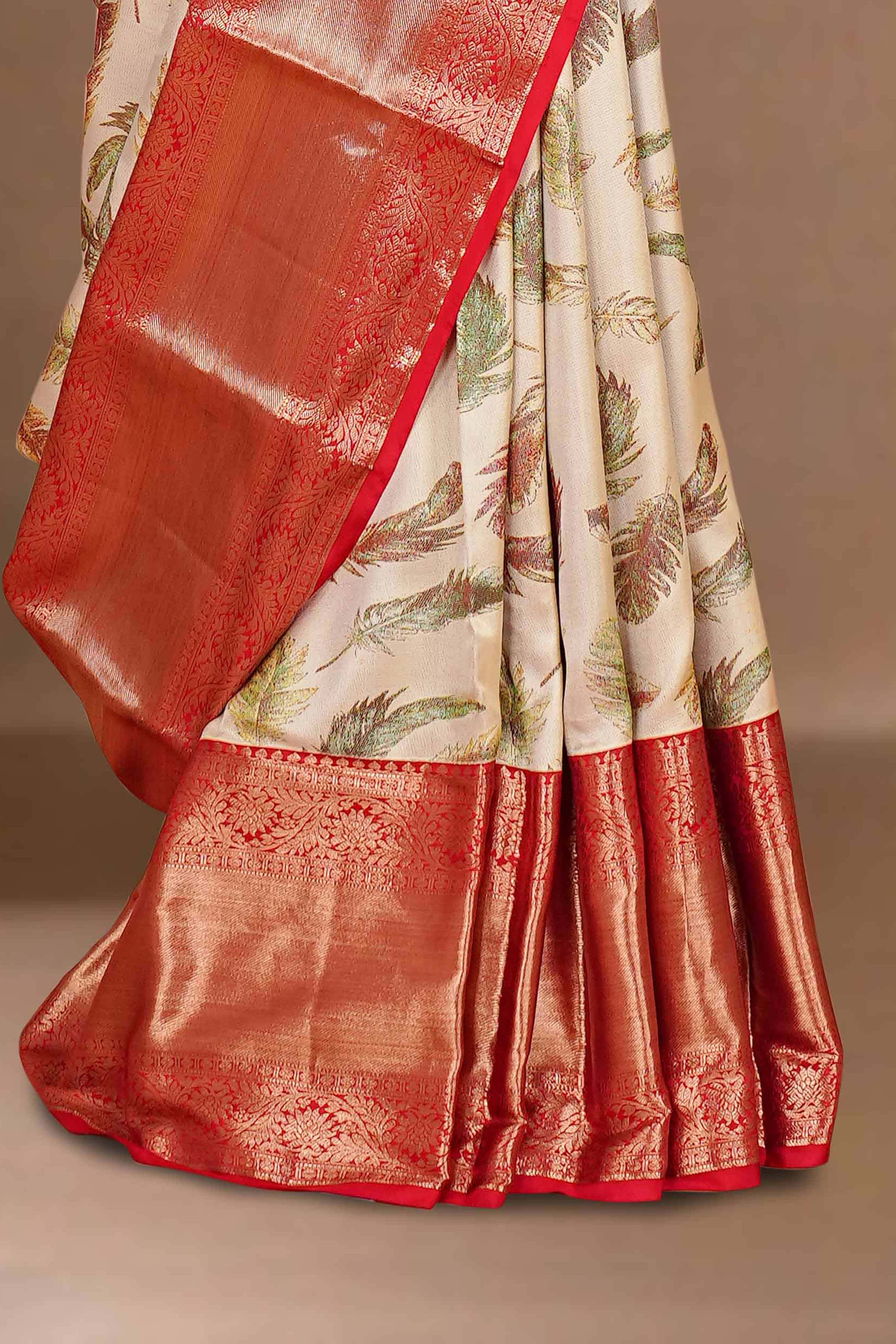 Ivory & Red Contrast Border Wings Design Kanchipuram Pure Silk Saree - Image 3