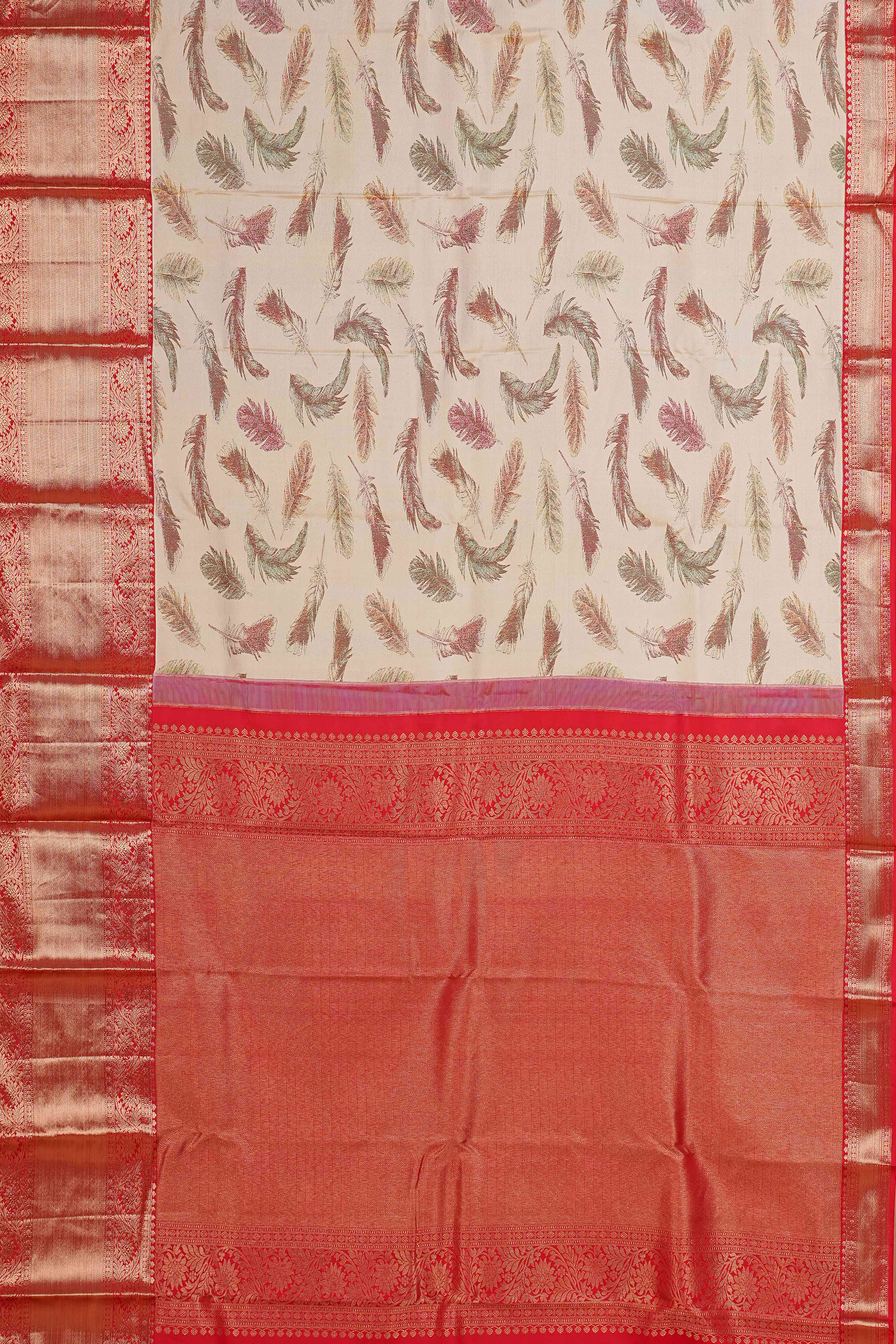 Ivory & Red Contrast Border Wings Design Kanchipuram Pure Silk Saree - Image 4
