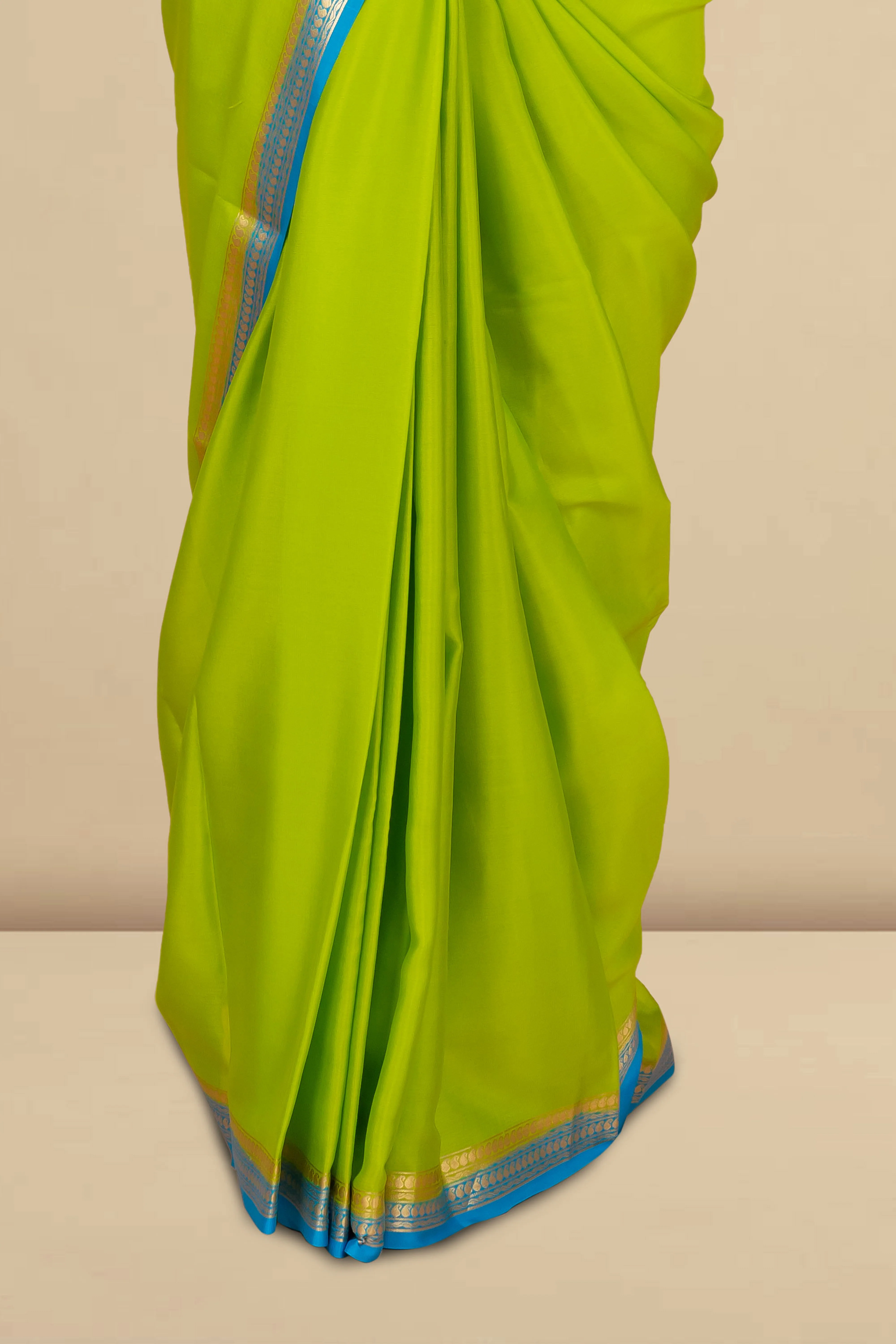 Vibrant Lime Green Pure Mysore Silk Saree with Bright Blue Silver-Toned Zari Border, Soft Draping Texture & Coordinated Designer Pallu - Image 3
