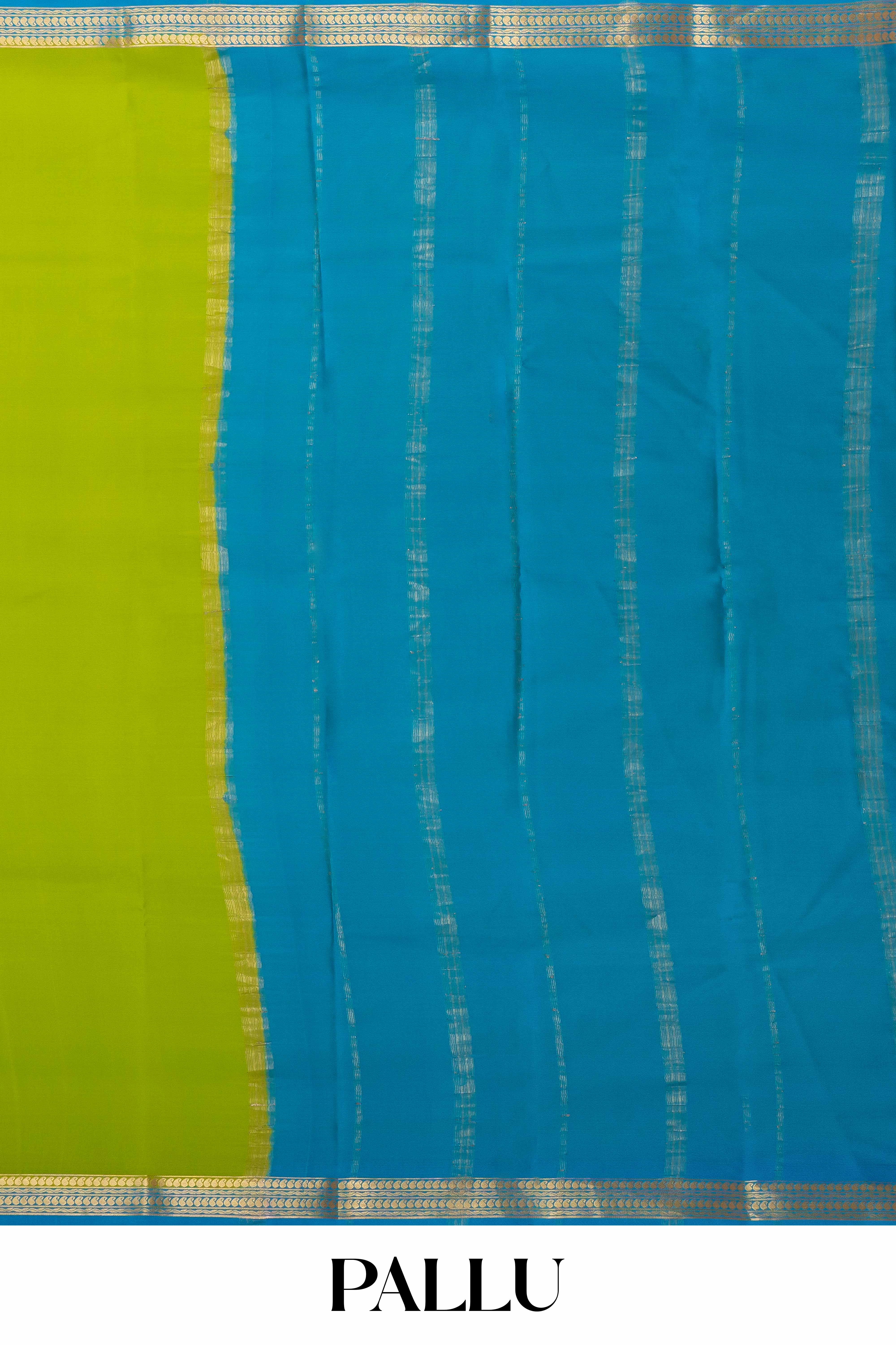 Vibrant Lime Green Pure Mysore Silk Saree with Bright Blue Silver-Toned Zari Border, Soft Draping Texture & Coordinated Designer Pallu - Image 4