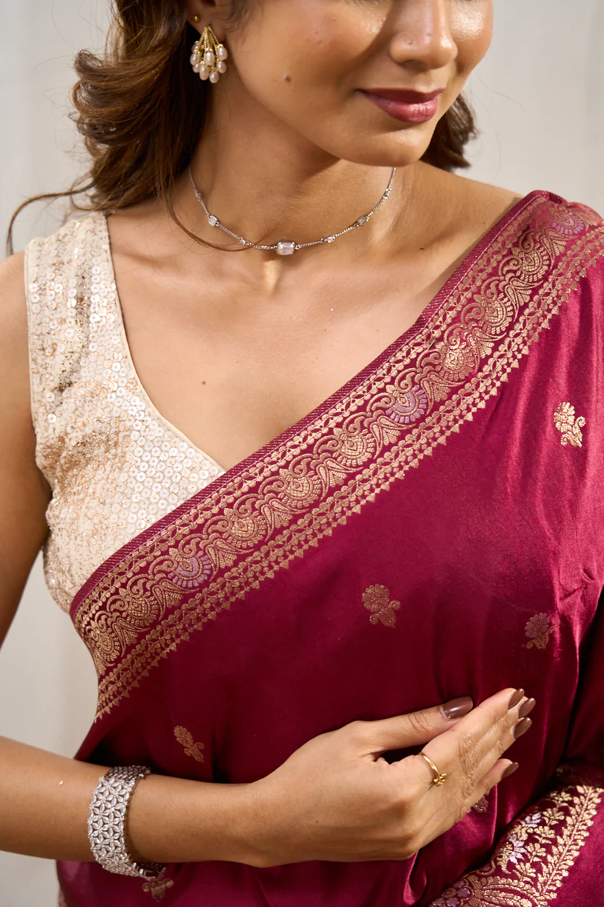 Maroon Art Silk Saree Gold Zari Butta Across The Body With Floral Design Pallu - Image 3
