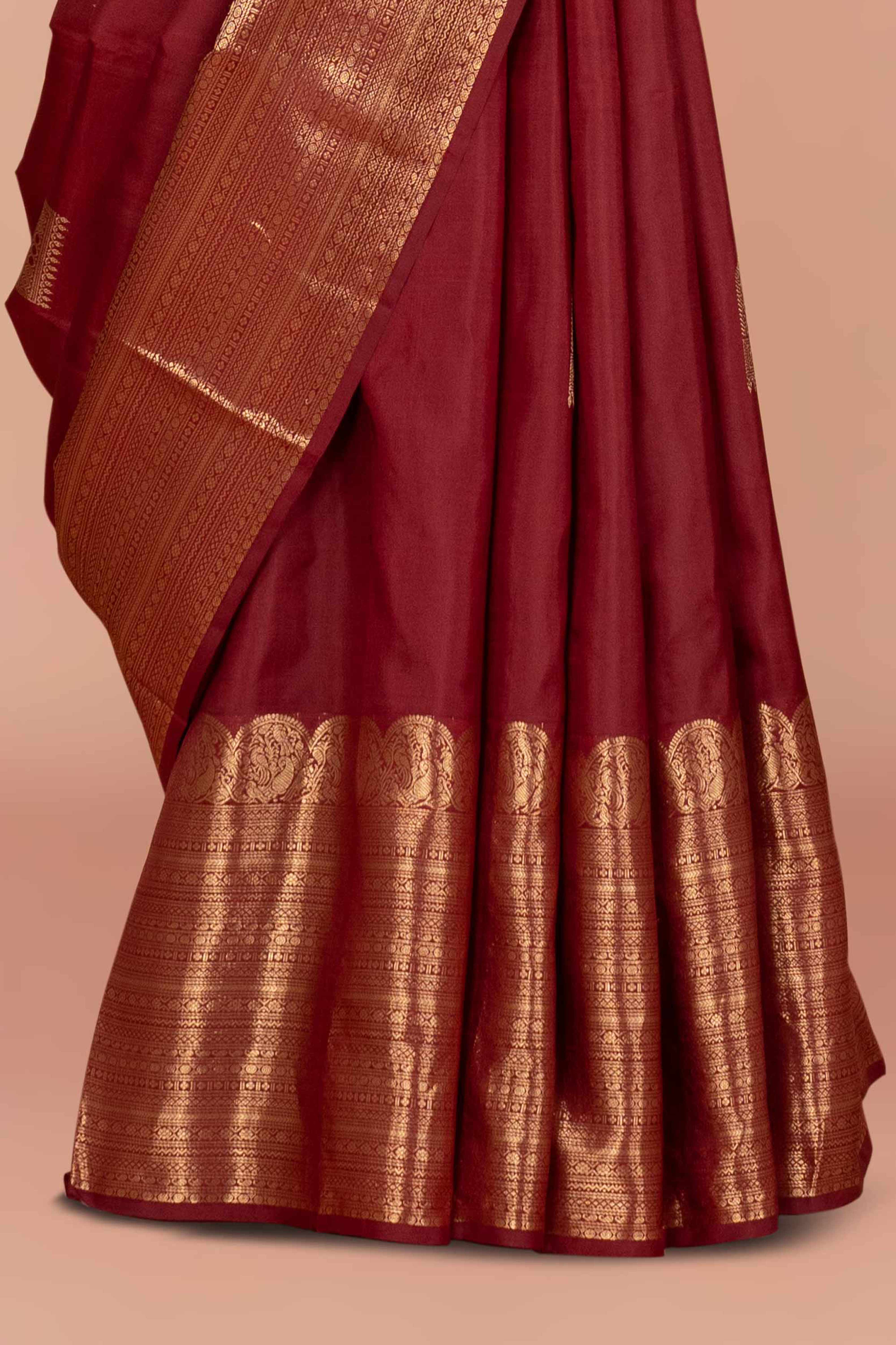 Deep Maroon Kanchipuram Pure Silk Saree with Self Body Buttas, Rich Gold Zari Border & Traditional Pallu - Image 3