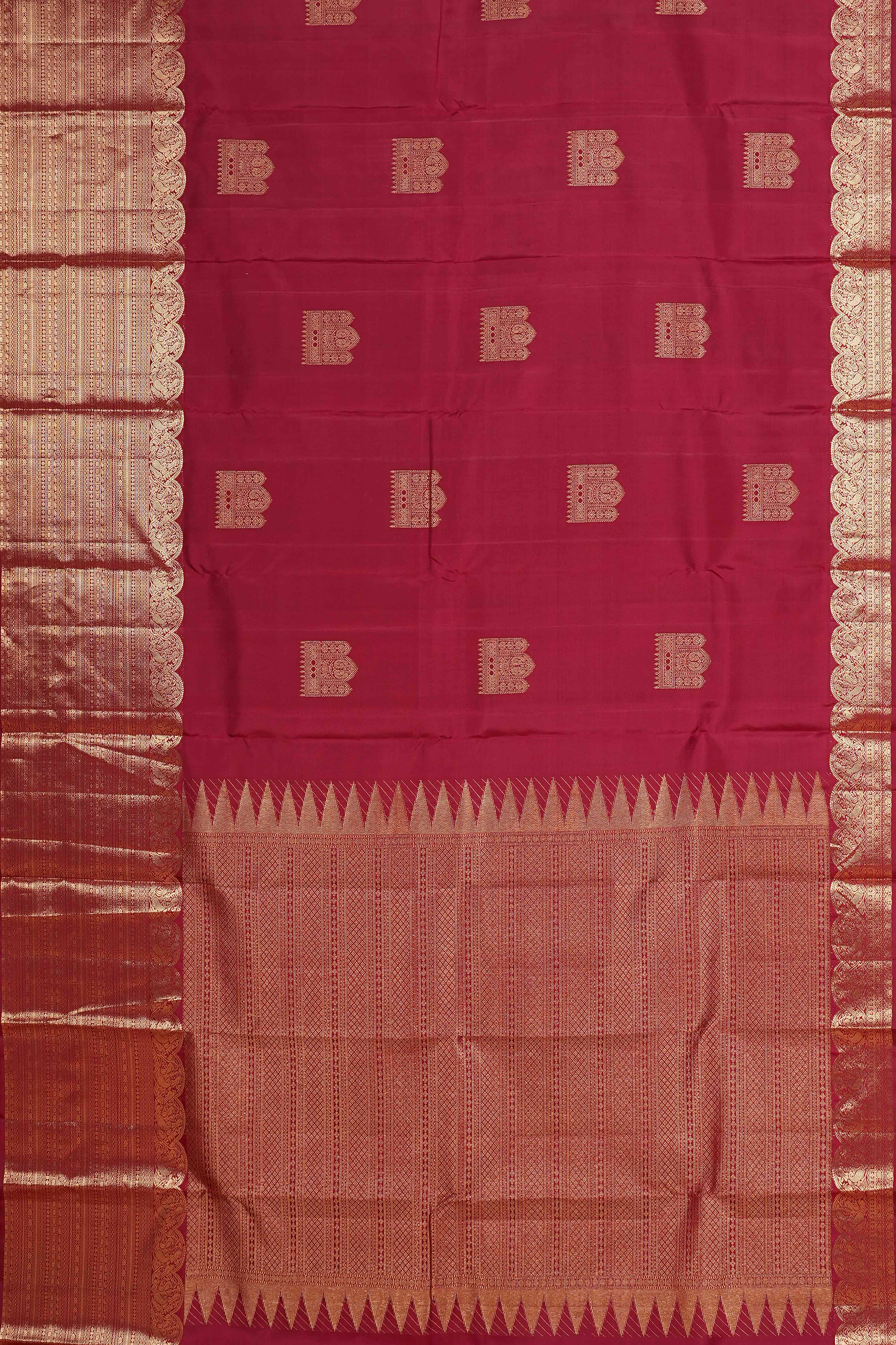 Deep Maroon Kanchipuram Pure Silk Saree with Self Body Buttas, Rich Gold Zari Border & Traditional Pallu - Image 4