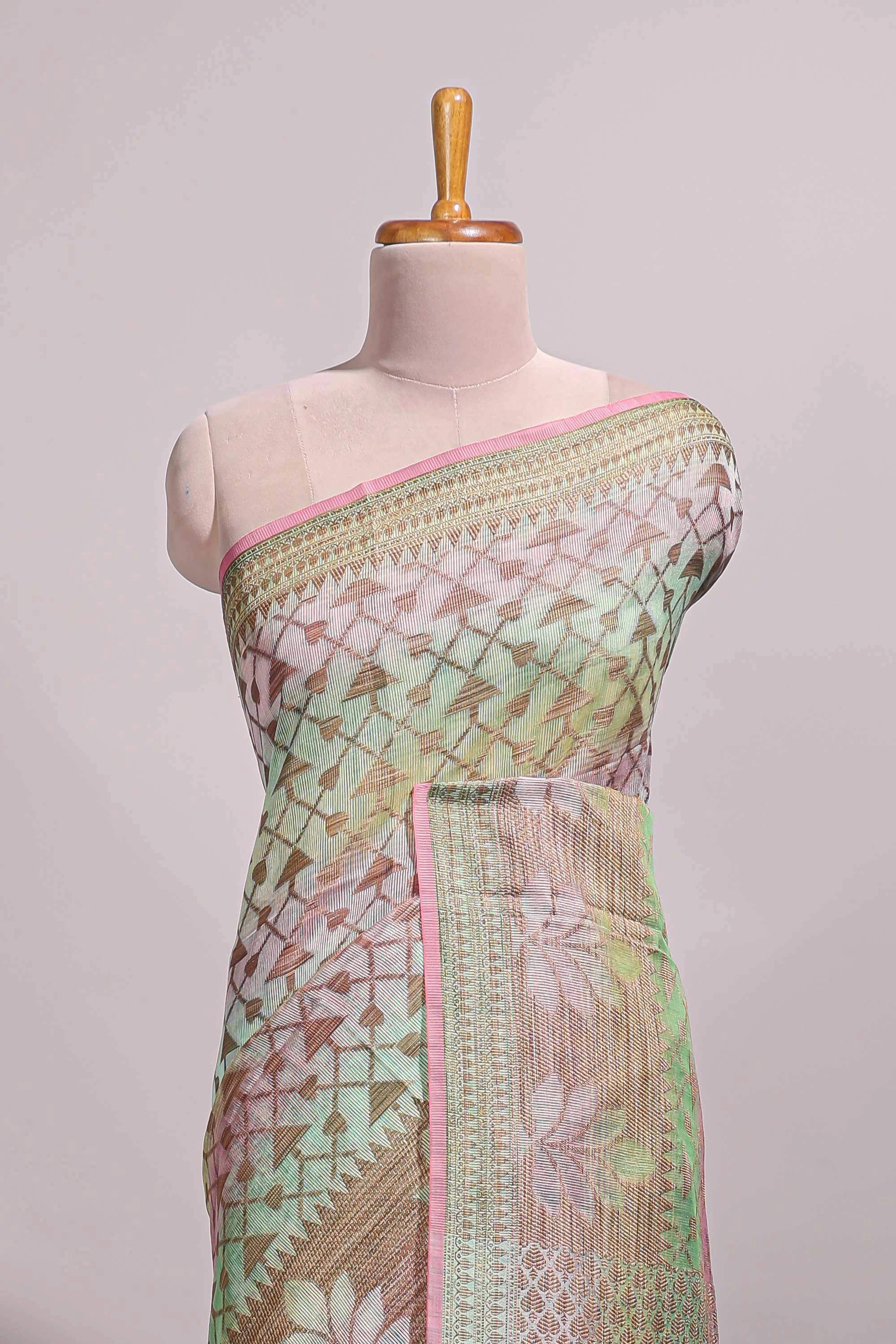 Multi color geometric design semi tussar saree with self border and printed blouse - Image 3