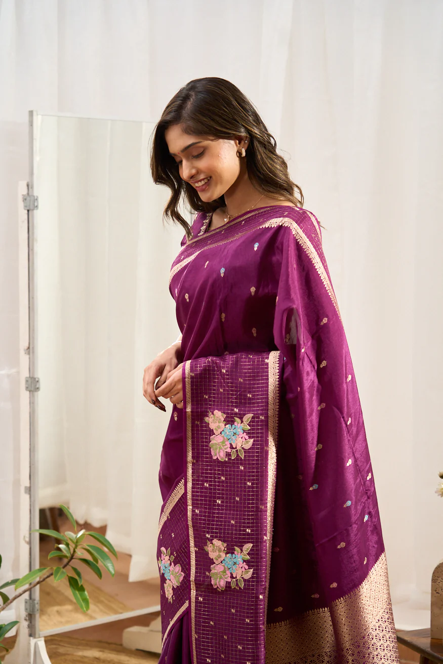 Mushru Silk With Gold Zari Round Designs Self Border - Image 3