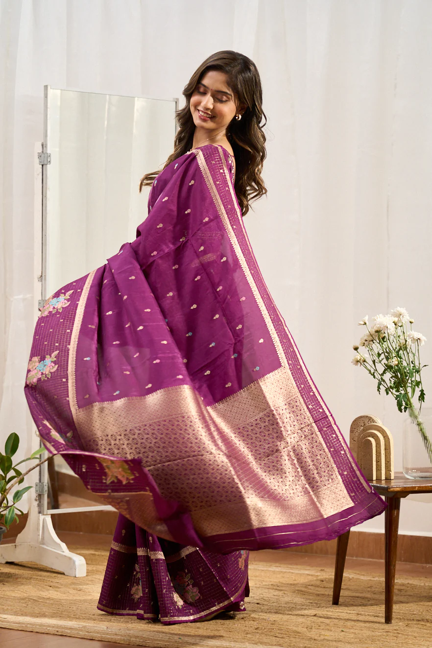 Mushru Silk With Gold Zari Round Designs Self Border - Image 5
