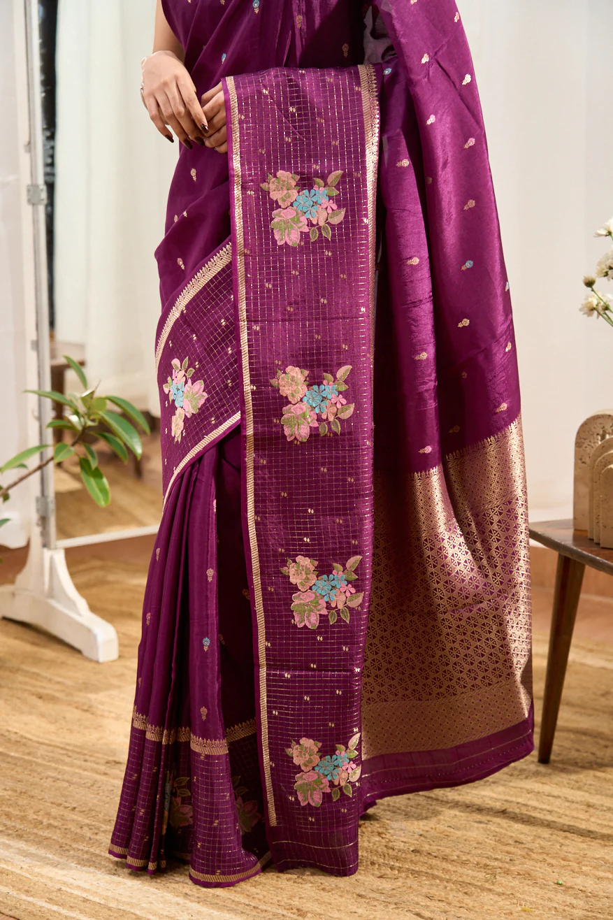 Mushru Silk With Gold Zari Round Designs Self Border - Image 6