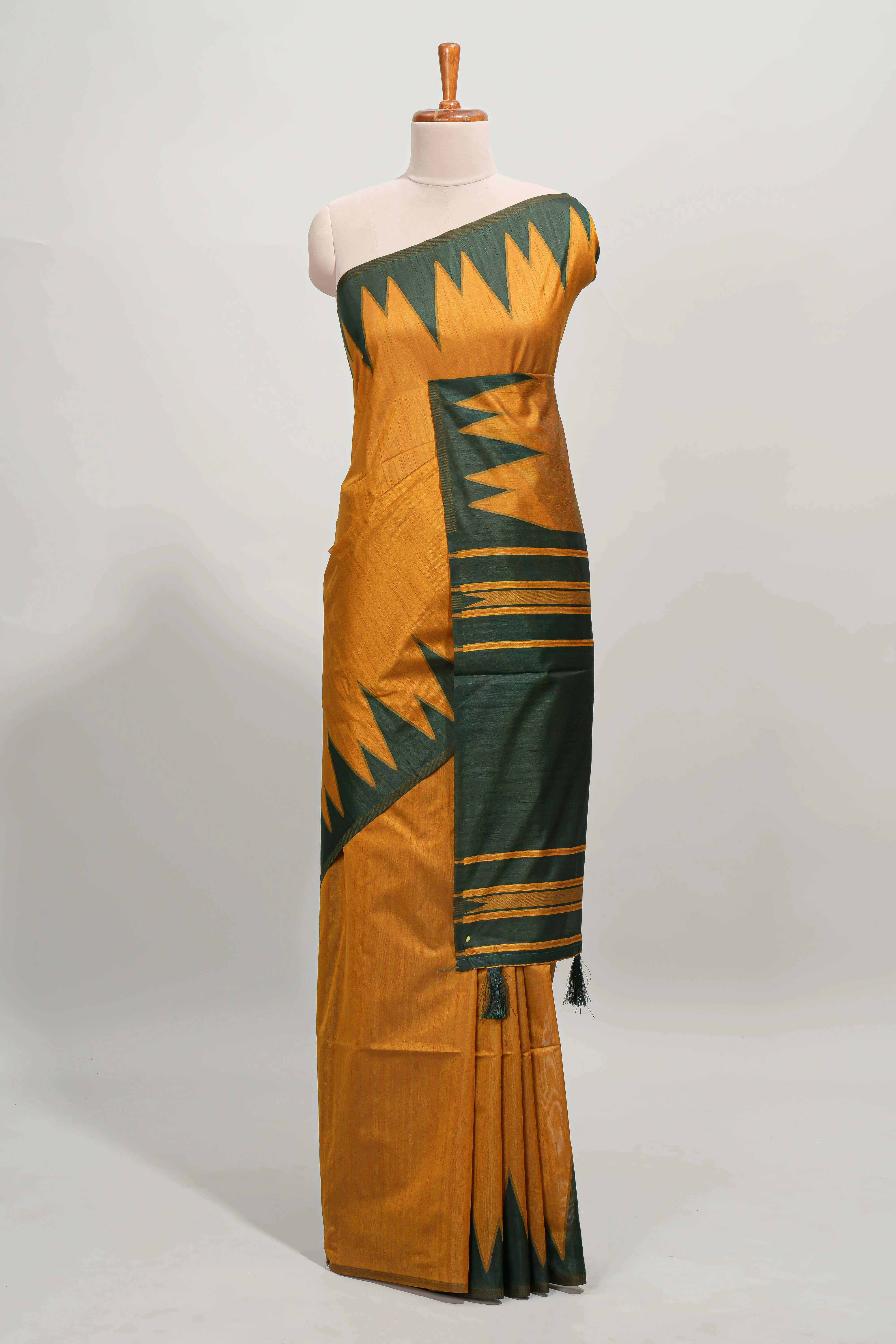 Mustard plain semi tussar saree with contrast geometric border and motifs blouse - Image 2