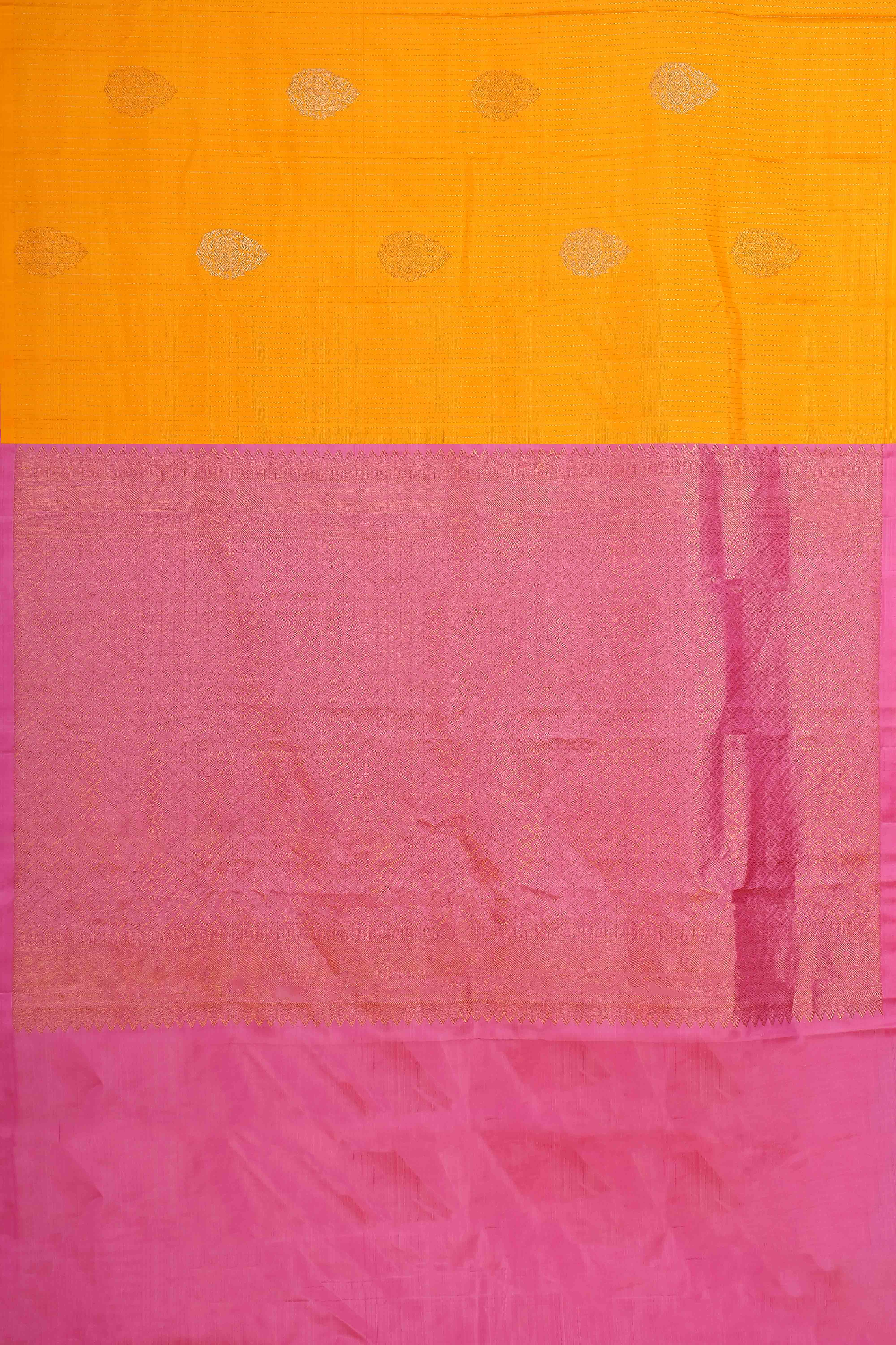 Bright Mustard Yellow & Pink Kanchipuram Pure Silk Saree with Gold Zari Buttas - Image 4