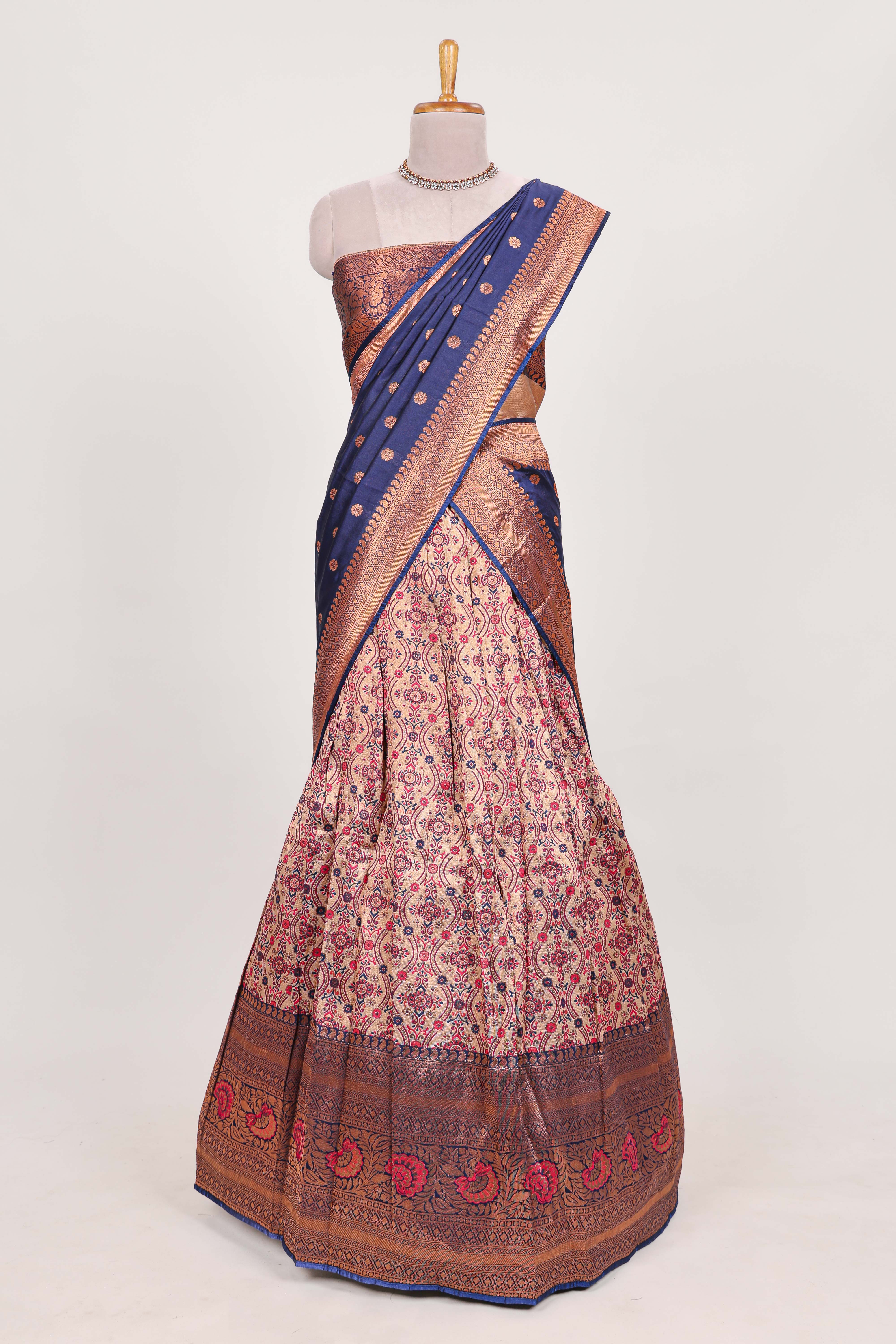 Navy blue tissue lehenga featuring intricate thread weaving details with a beautiful contrast border Paired with a brocade shawl