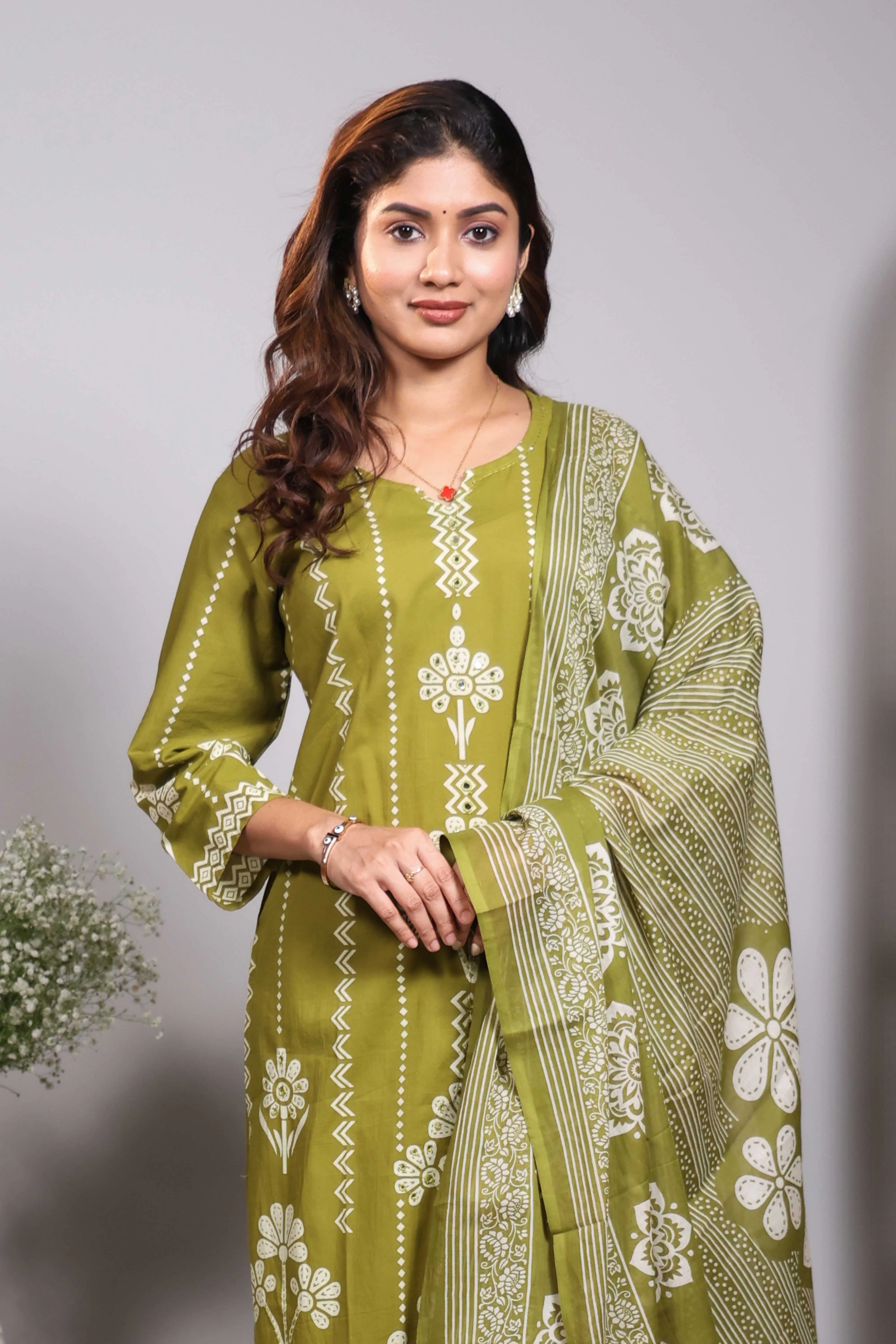 Green striped floral motifs design V neck salwar set with 3/4th sleeve, self bottom and matching dupatta - Image 2