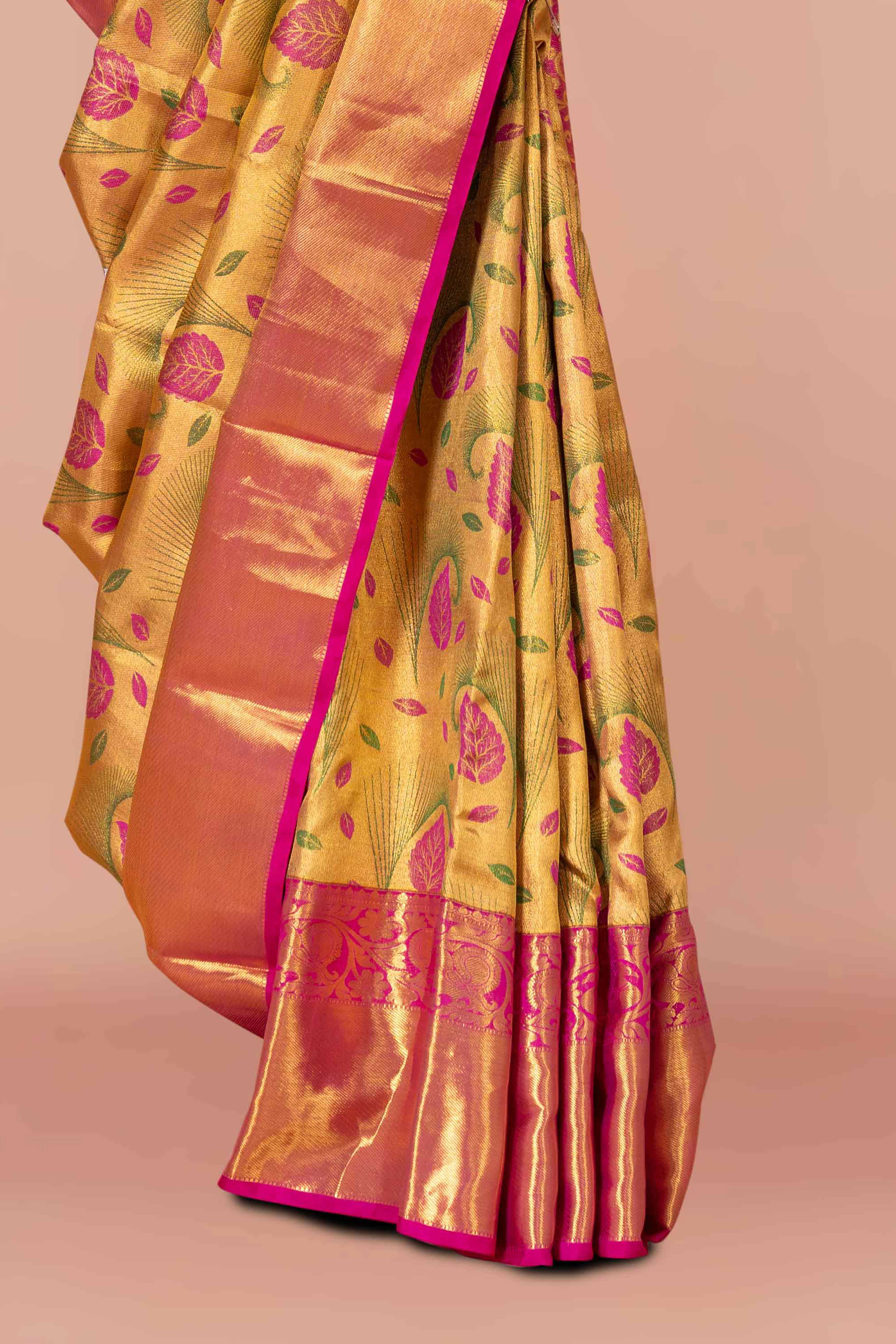 Olive Green Swayamvara Pattu Saree with Rich Zari Woven Border & Contrast Pink Pallu - Image 3