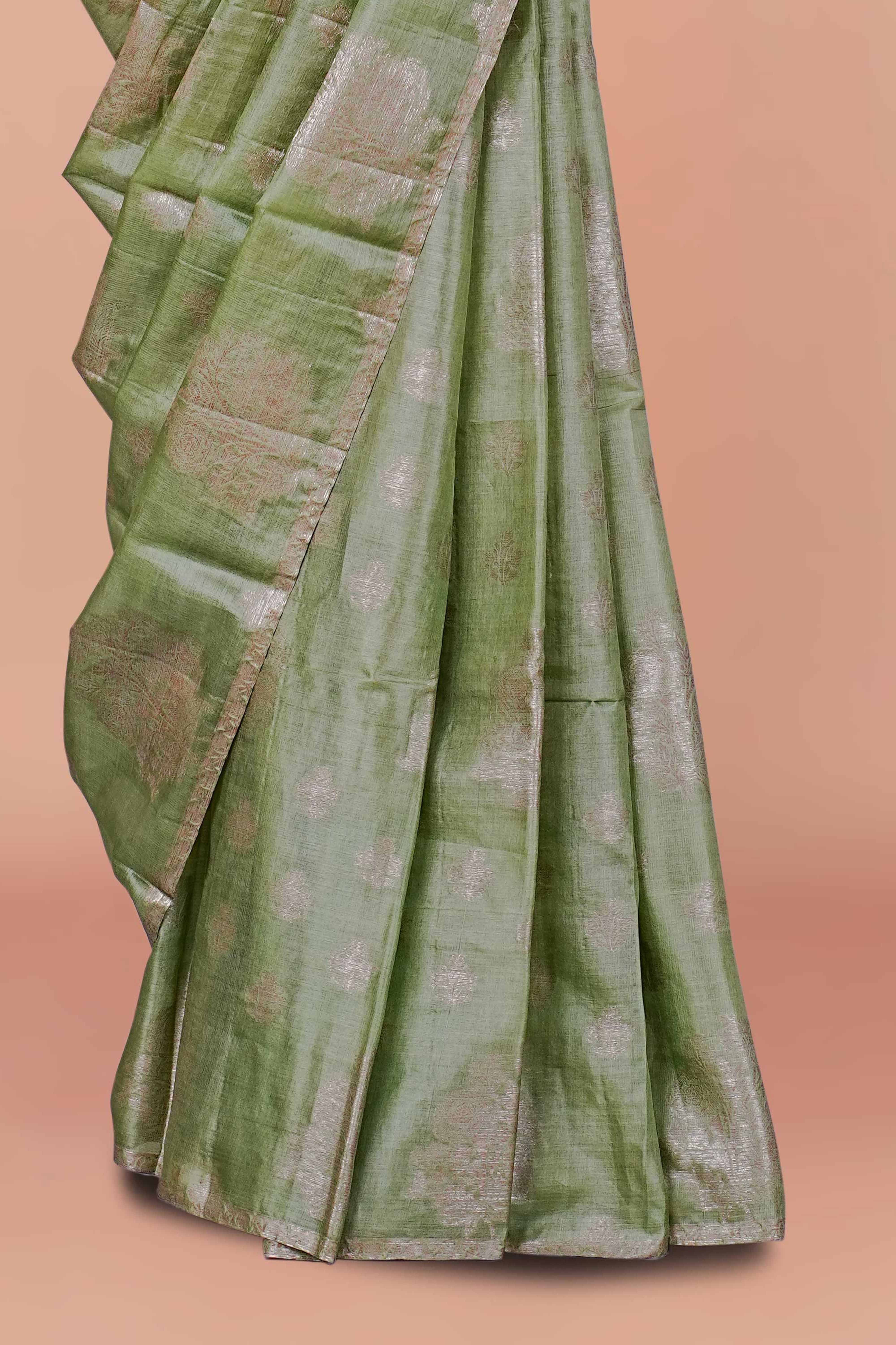 Elegant Pure Tussar Silk Saree in Pastel Olive Green with Subtle Self-Colour Butta Weave and Refined Minimalist Finish - Image 3