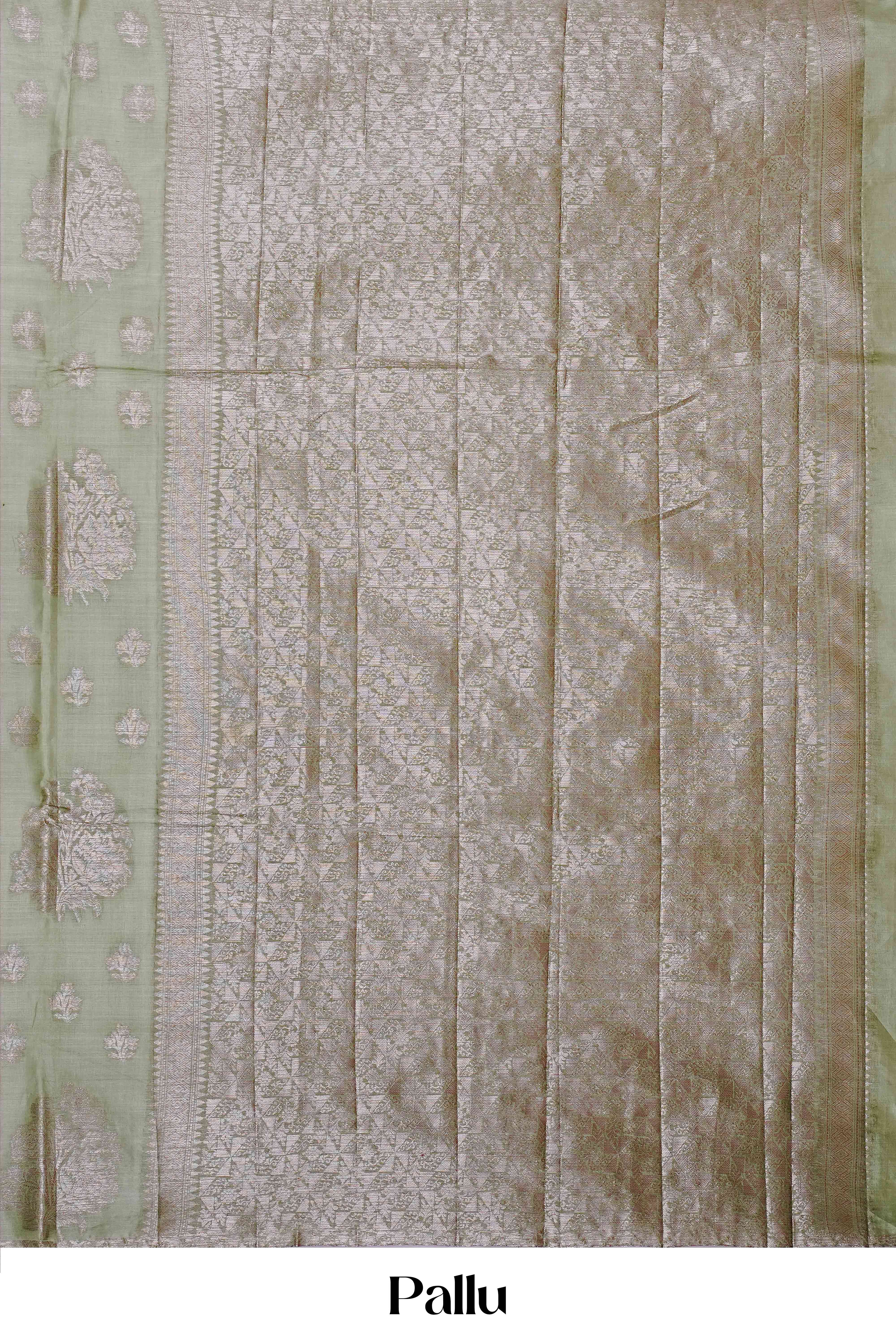 Elegant Pure Tussar Silk Saree in Pastel Olive Green with Subtle Self-Colour Butta Weave and Refined Minimalist Finish - Image 4