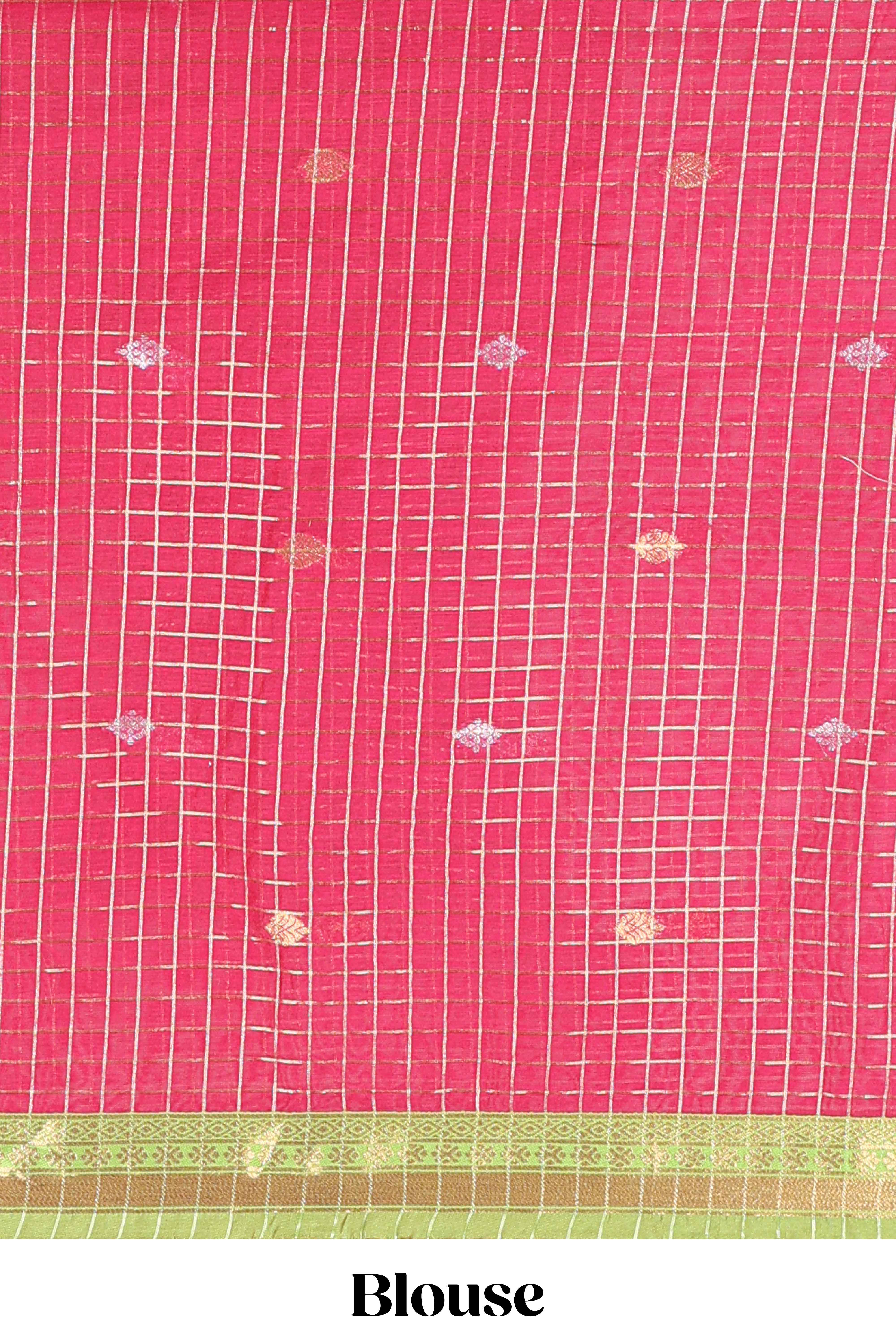 Olive and Pink Chettinad Art Cotton Half Saree with Gold Zari Checks Traditional Border and Elegant Woven Detailing Shawl with a Waist Belt - Image 4