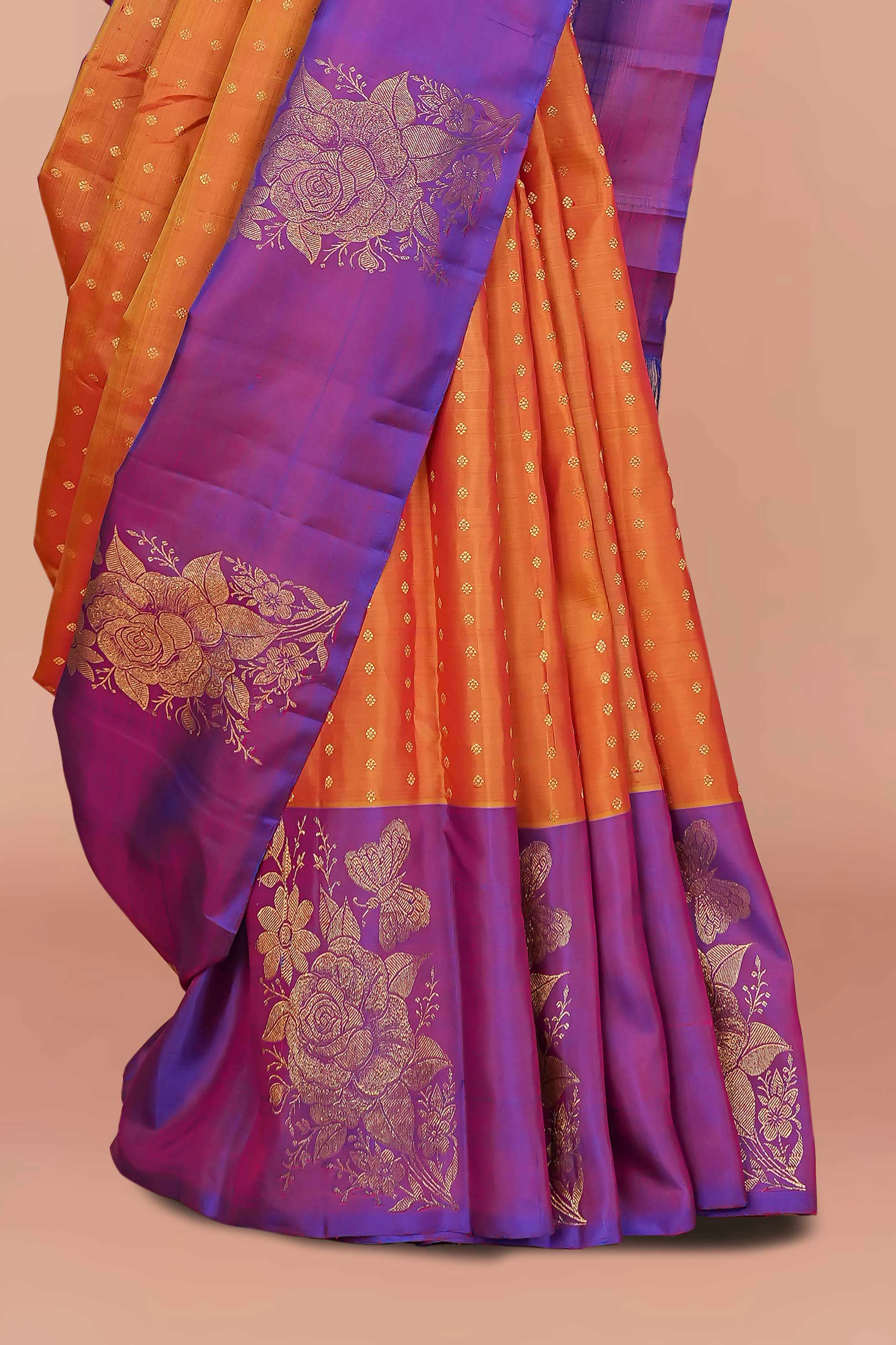 Violet & Orange Contrast Border Kanchipuram Pure Silk Saree with Gold Zari Floral Motifs and Elegant Pallu - Image 3