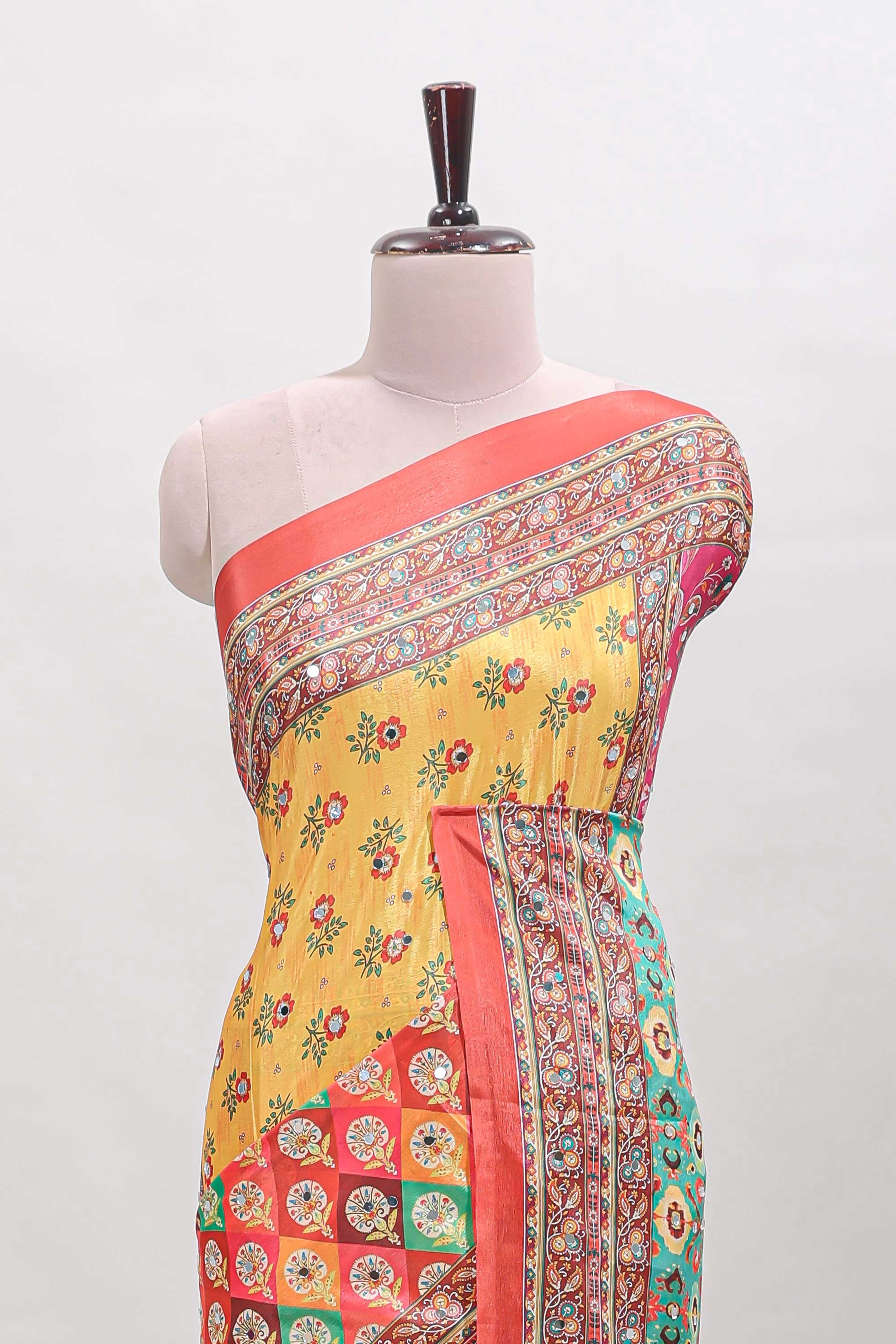 Orange floral design mirror work masakali saree with self border and matching blouse - Image 3