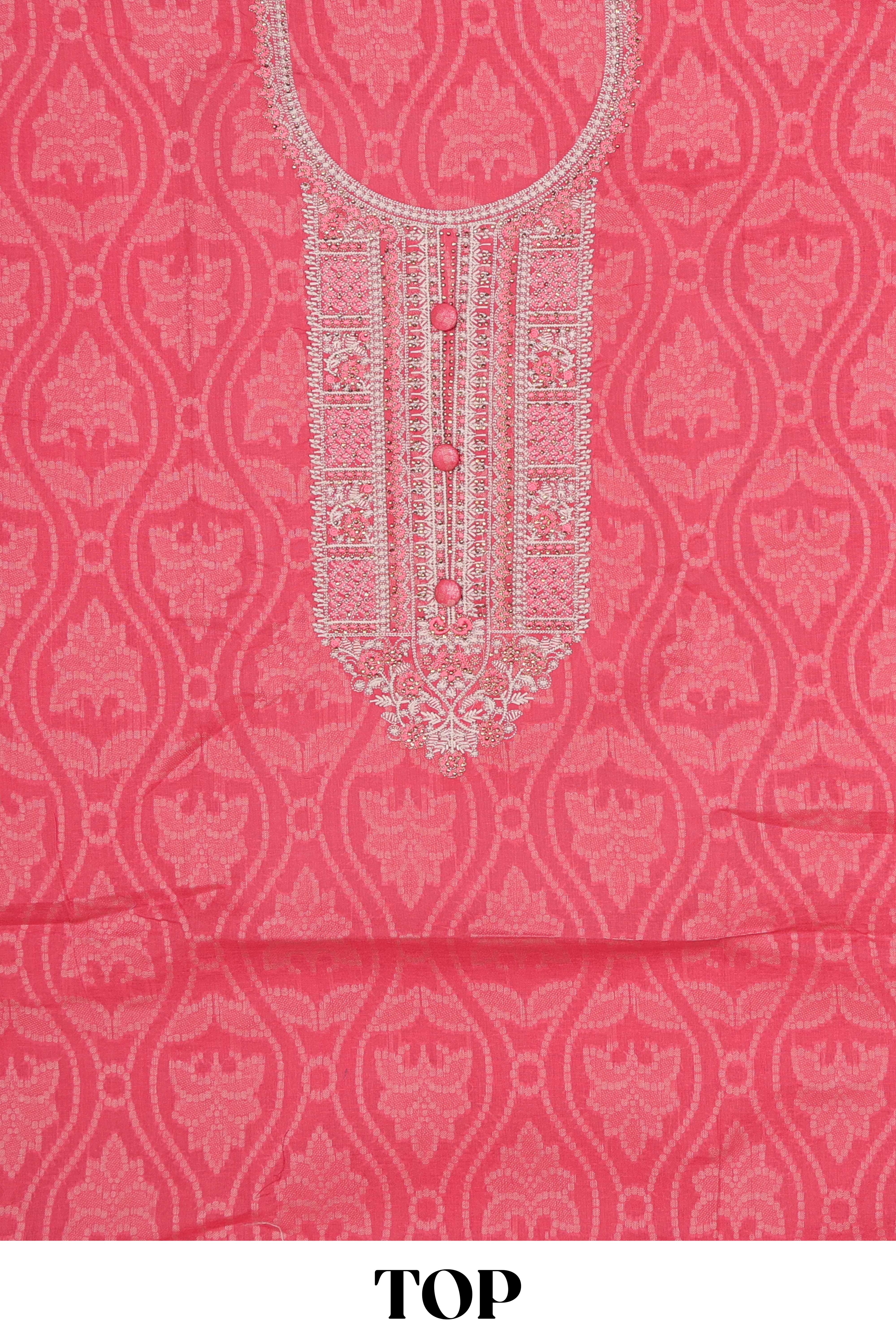 Pink cotton embroidered chudidhar material with floral design bottom and dual shade dupatta - Image 2