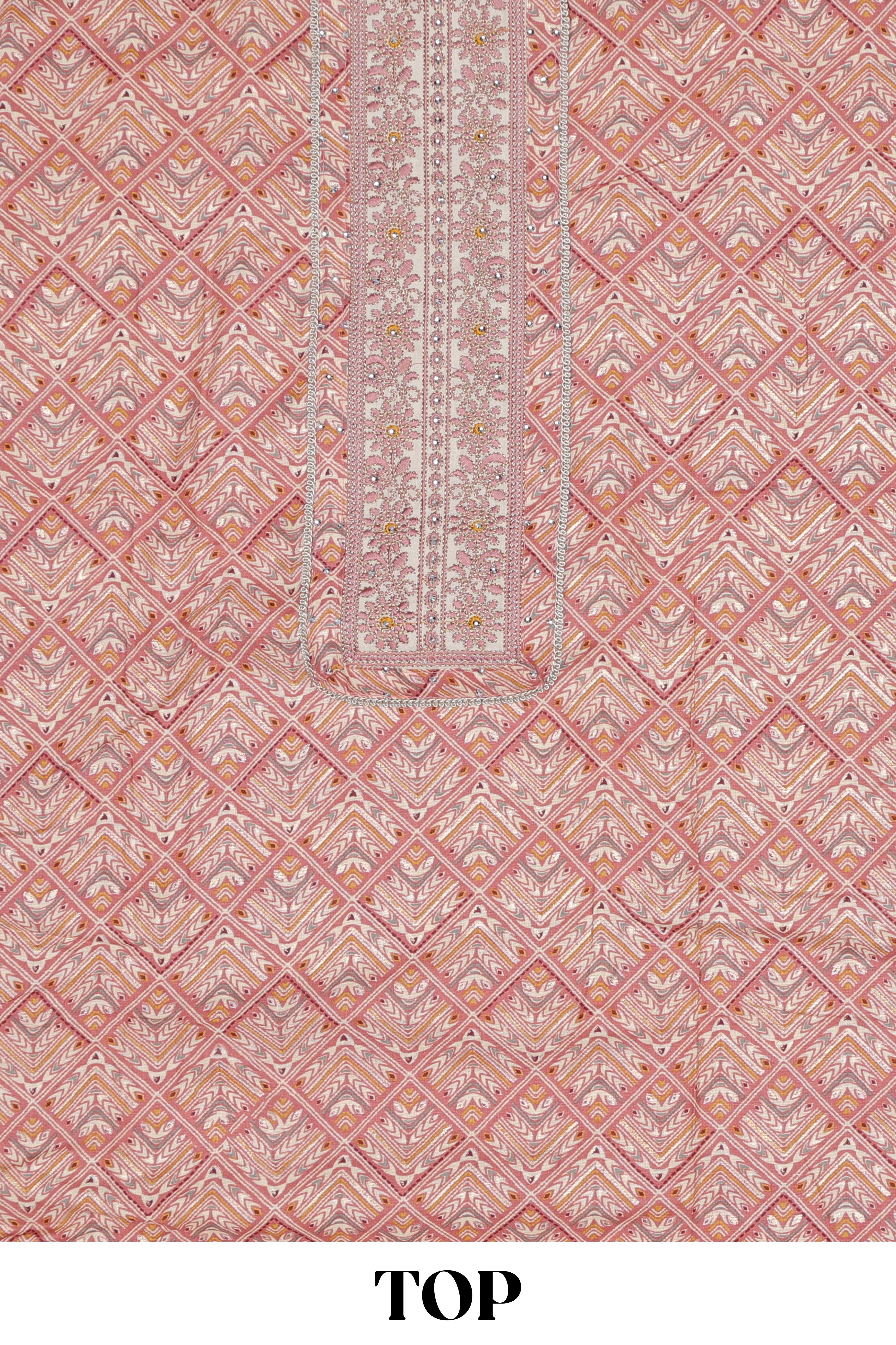 Pink cotton geomentrical embroidered chudidhar material with contrast bottom and dupatta - Image 2