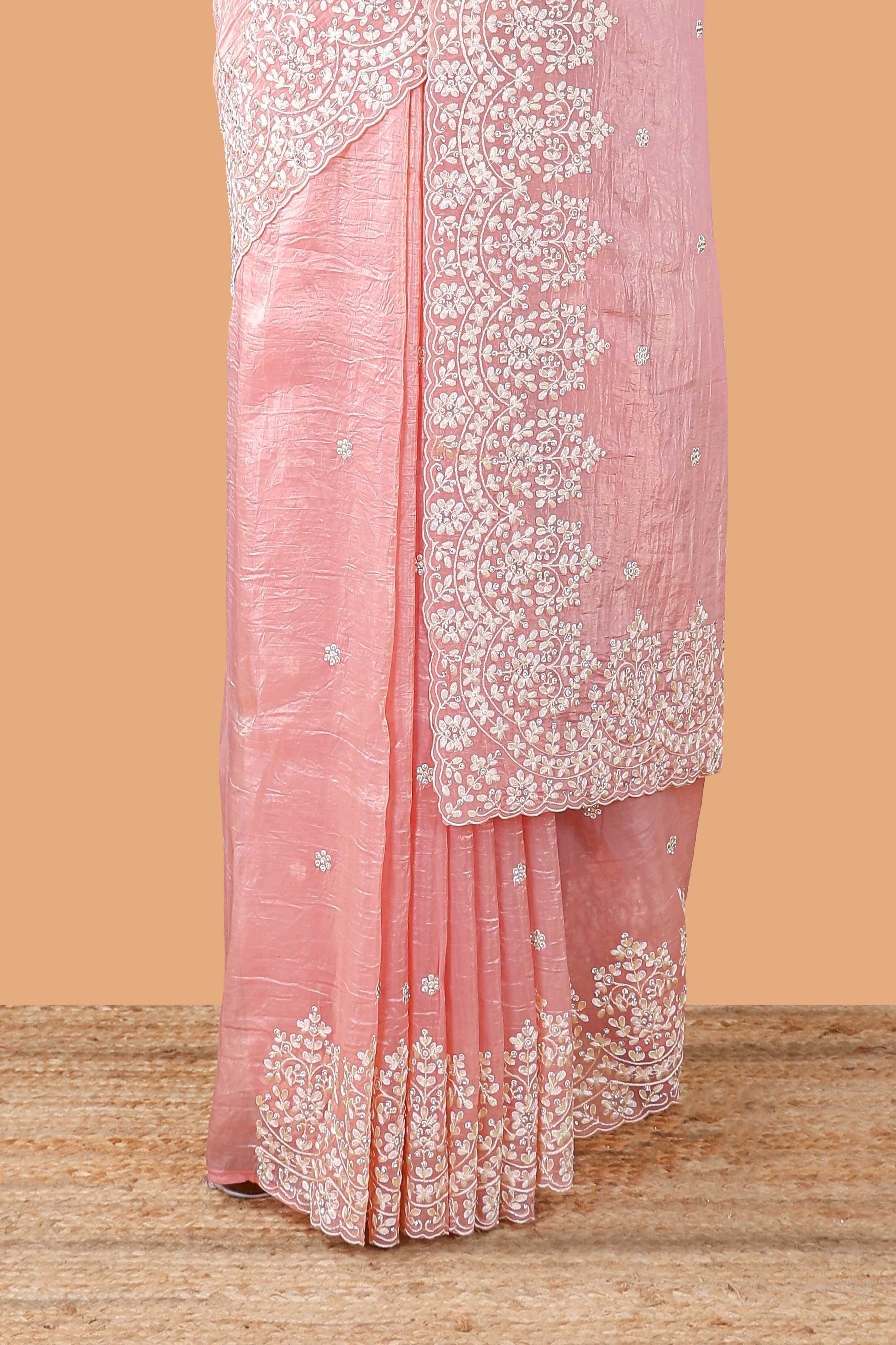 Pink organza crush saree with floral embroidery and stone work, self pallu and blouse - Image 4