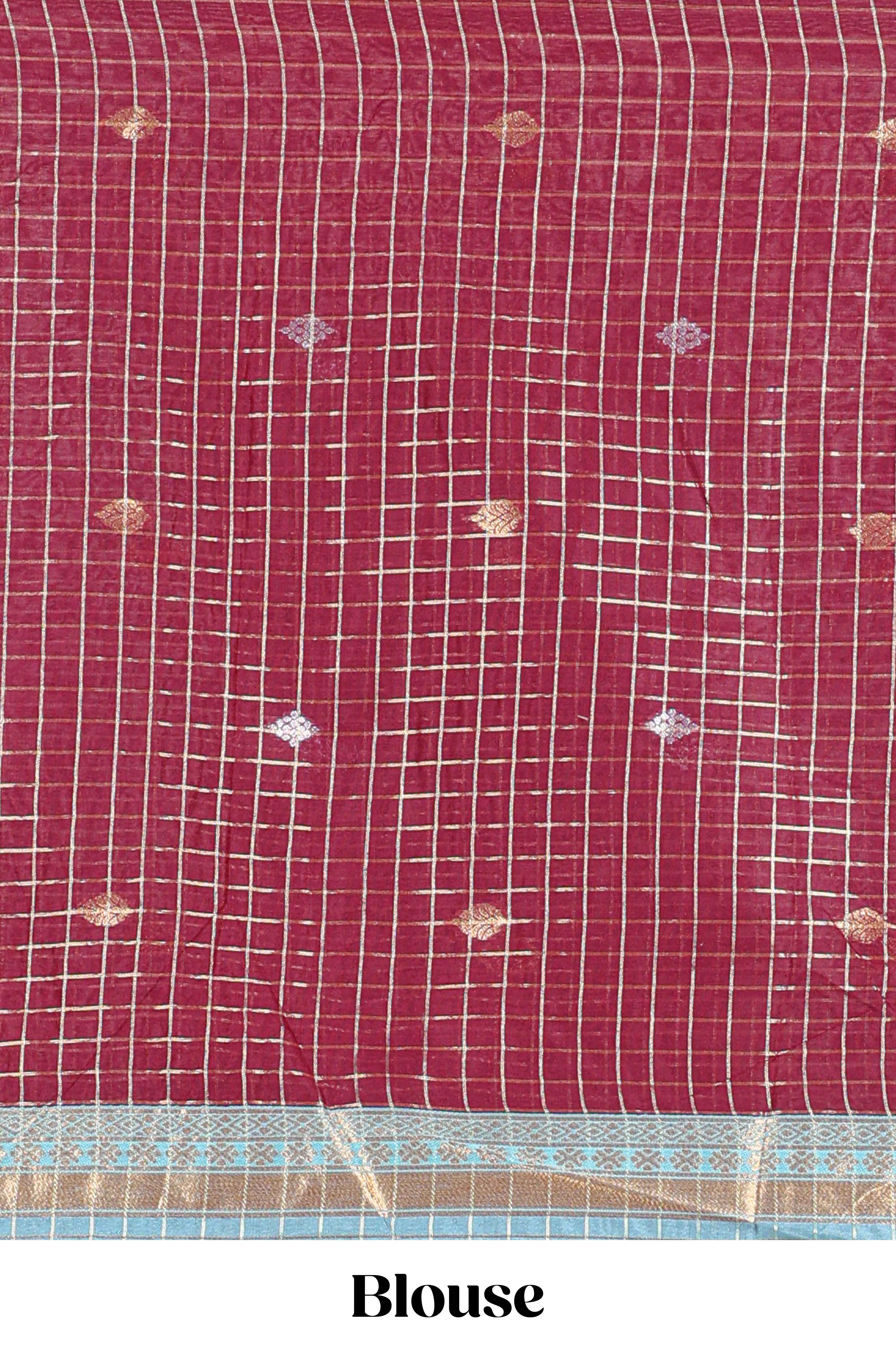 Powder Blue and Maroon Chettinad Art Cotton Half Saree with Gold Zari Checks Traditional Border and Elegant Woven Detailing Shawl with a Waist Belt - Image 4