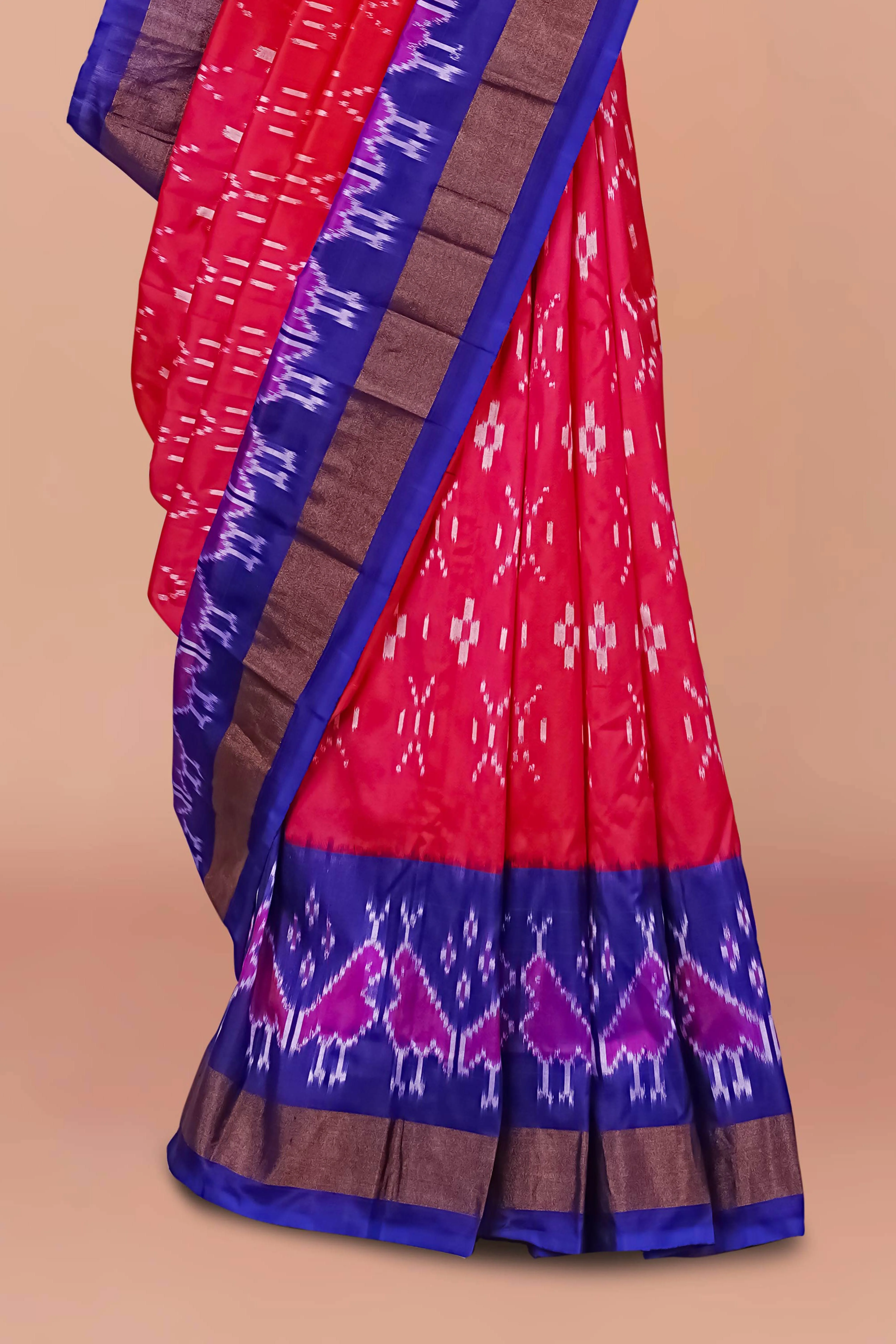 Pure Ikkat Silk Saree in Red with Royal Blue Contrast Border & Traditional Ikat Motifs – Elegant Handloom Weave - Image 3