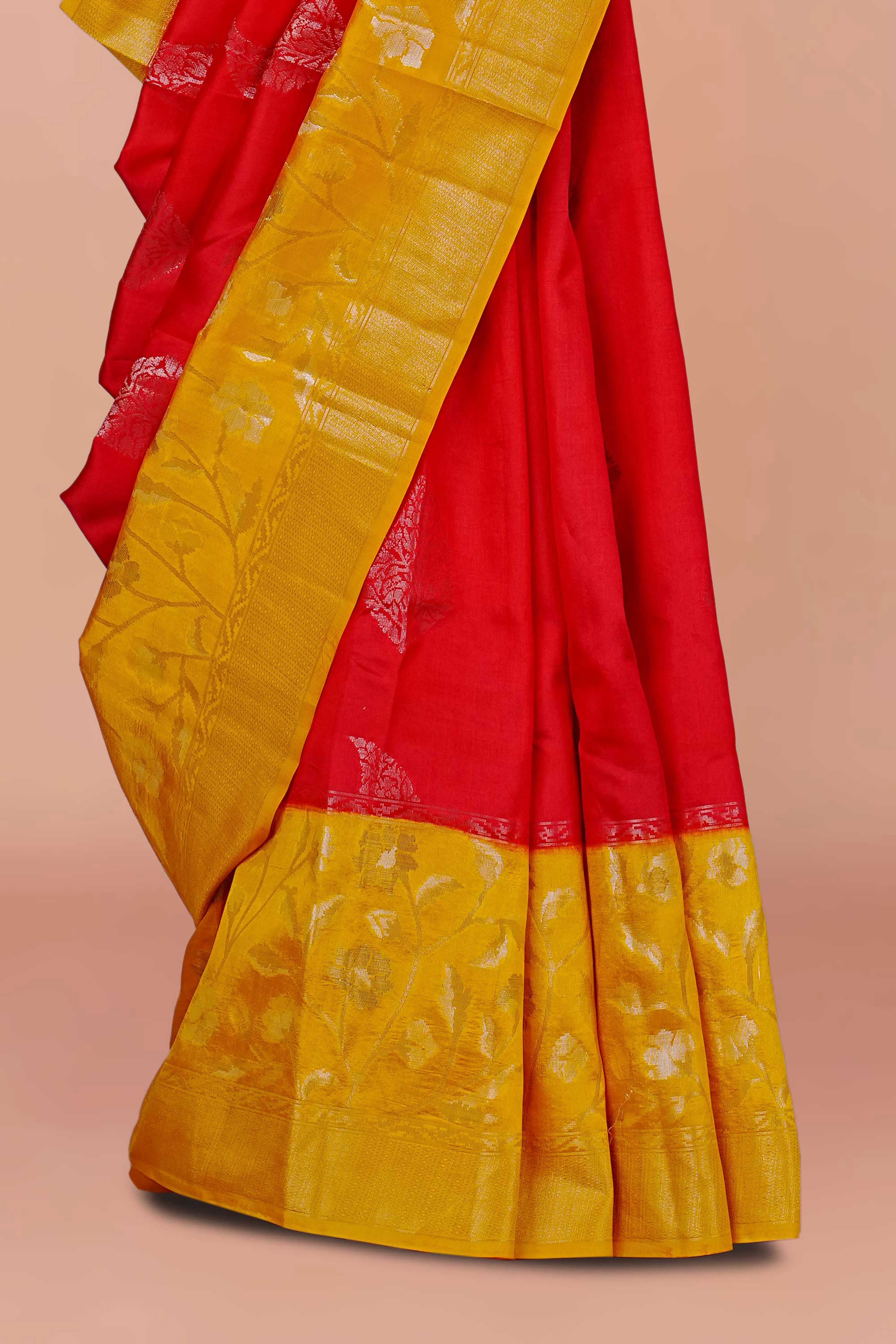 Radiant Red & Mustard Yellow Pure Tussar Silk Saree with Golden Woven Motifs and Contrast Pallu - Image 3