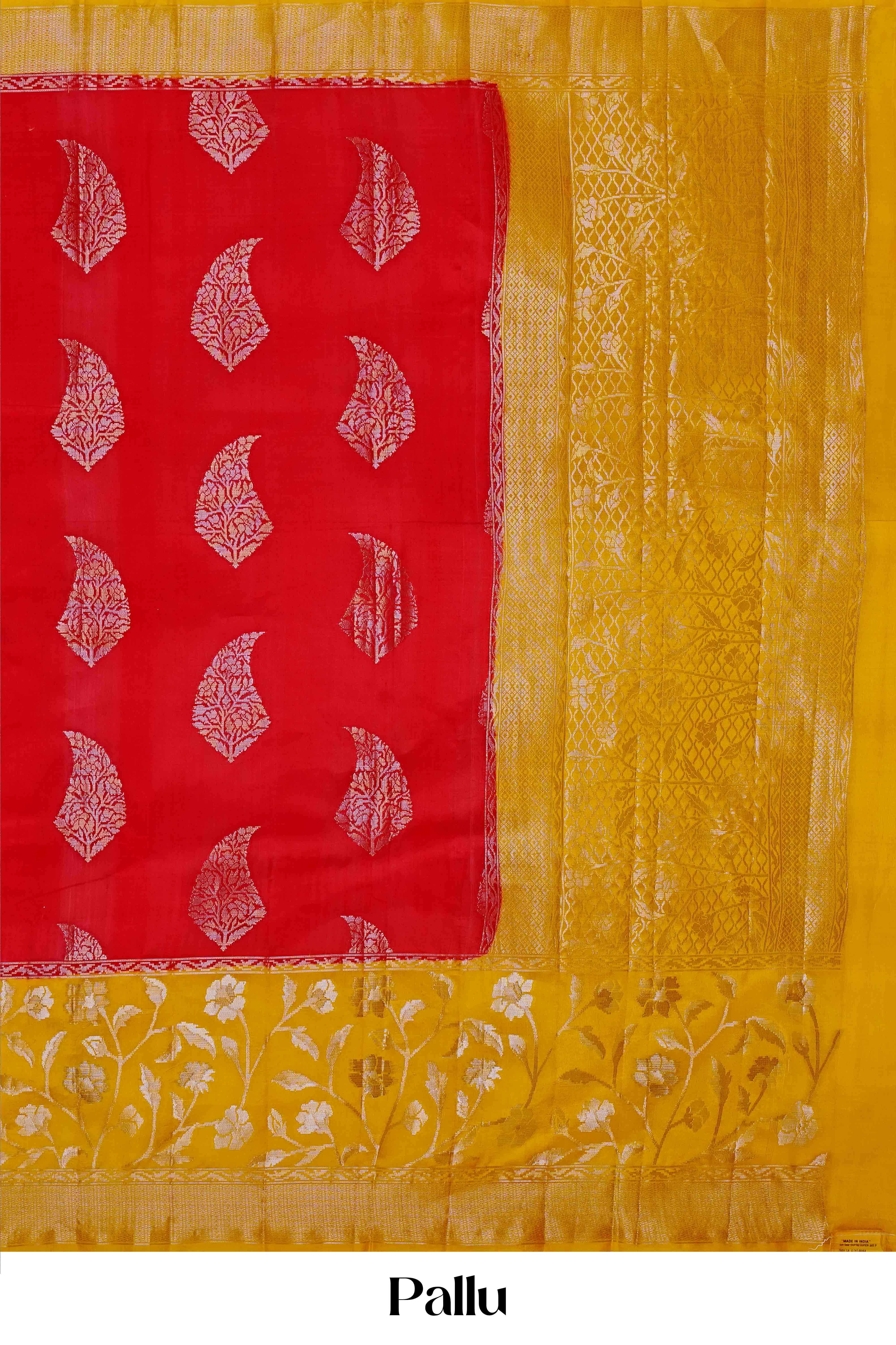 Radiant Red & Mustard Yellow Pure Tussar Silk Saree with Golden Woven Motifs and Contrast Pallu - Image 4