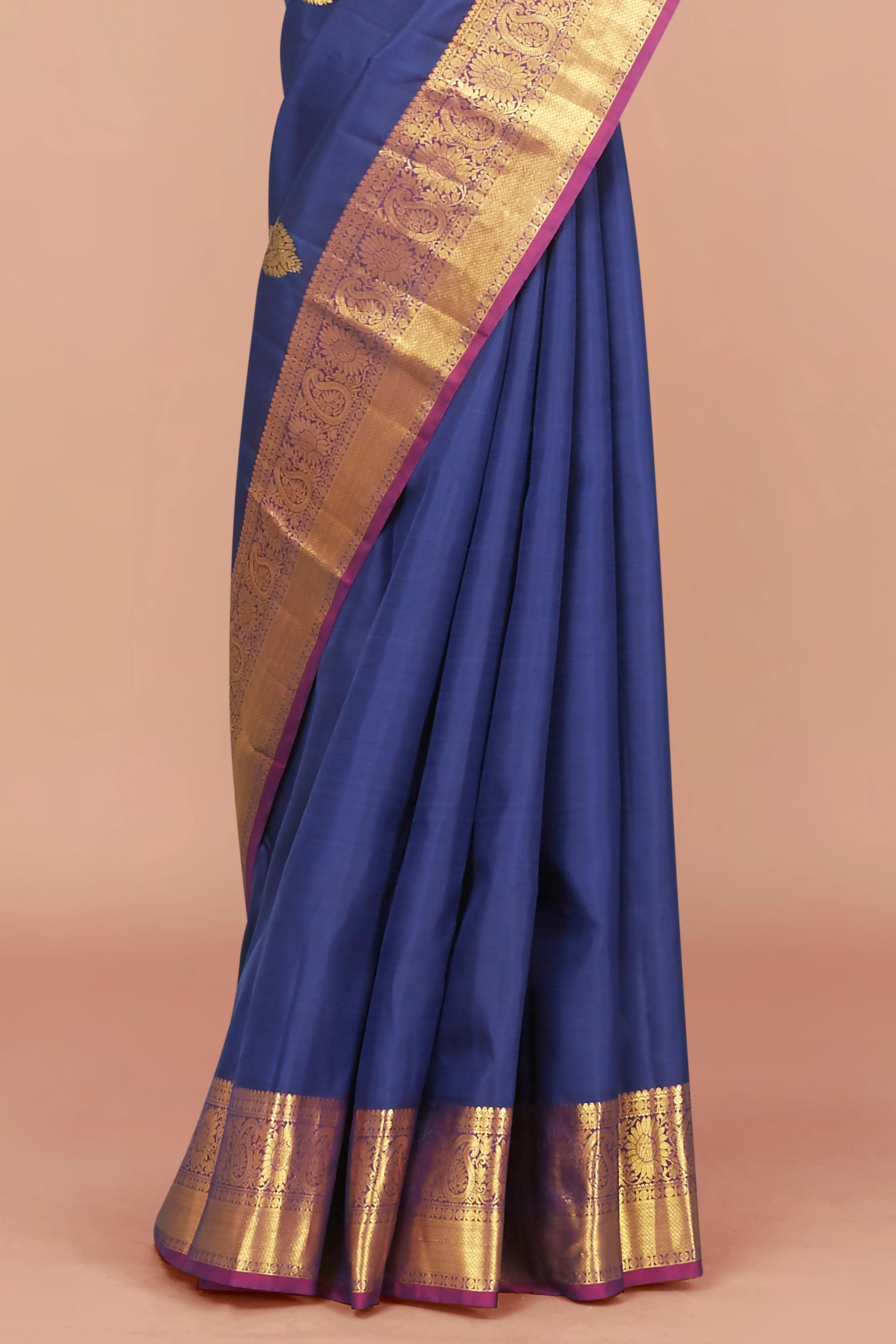 Kanchipuram Handwoven Royal Blue Silk Saree with Gold Zari Buttas and Rich Contrast Pink Border - Image 3