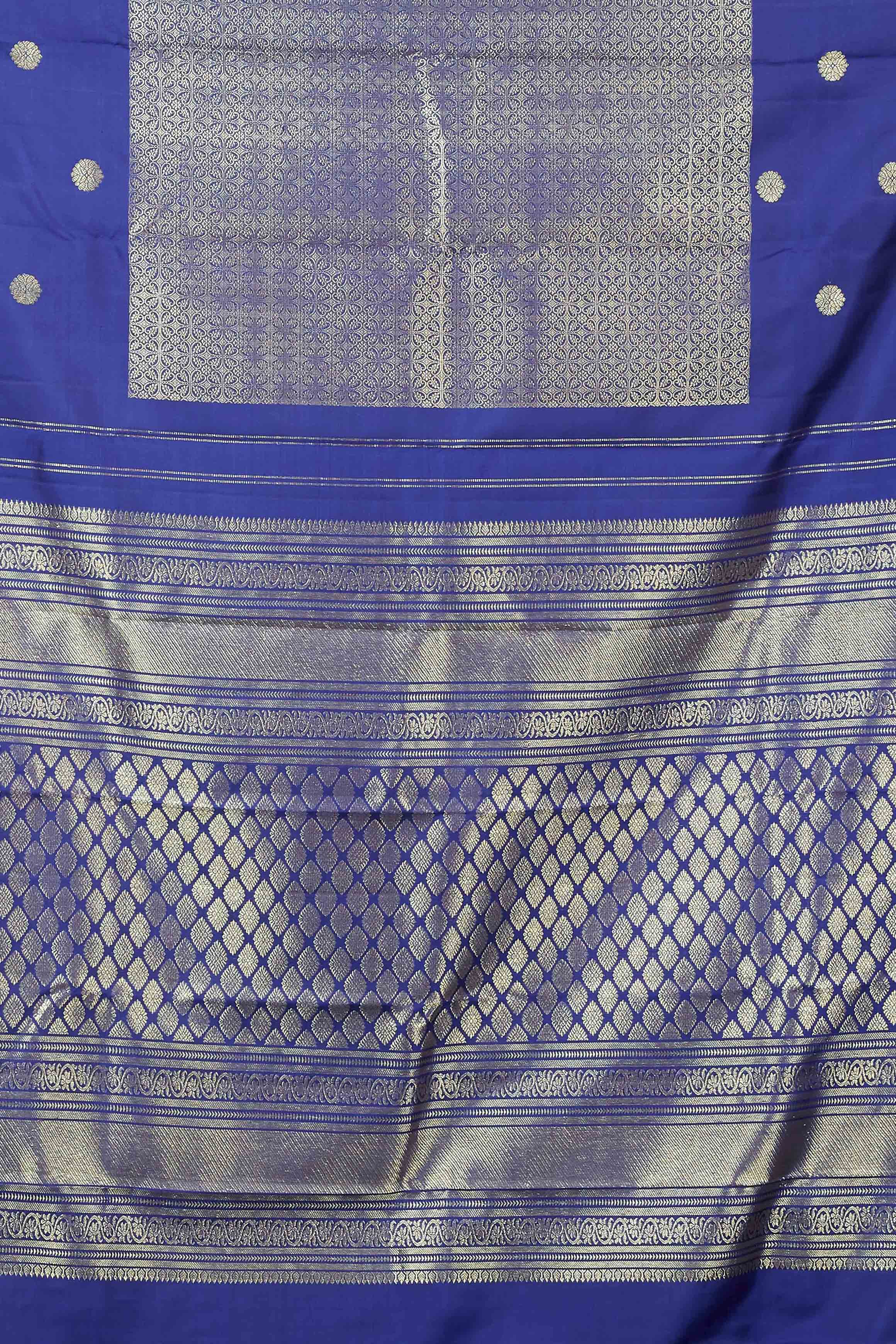Royal Blue Kanchipuram Designer Silk Saree with Silver Zari Buttas and Intricate Fancy Border - Image 4