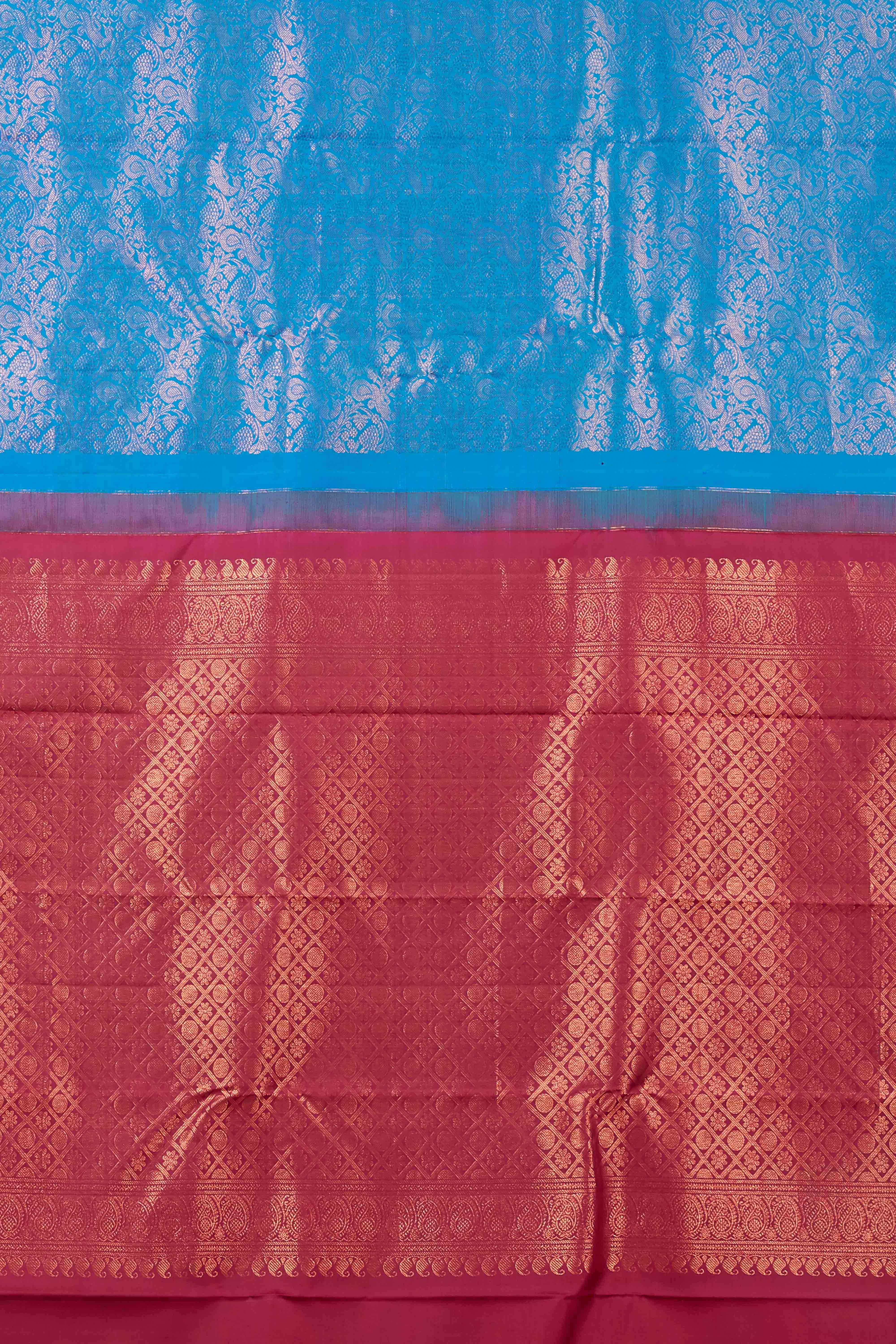 Royal Blue & Maroon Kanchipuram Borderless Pure Silk Saree with Zari Buttas and Fancy Border - Image 4