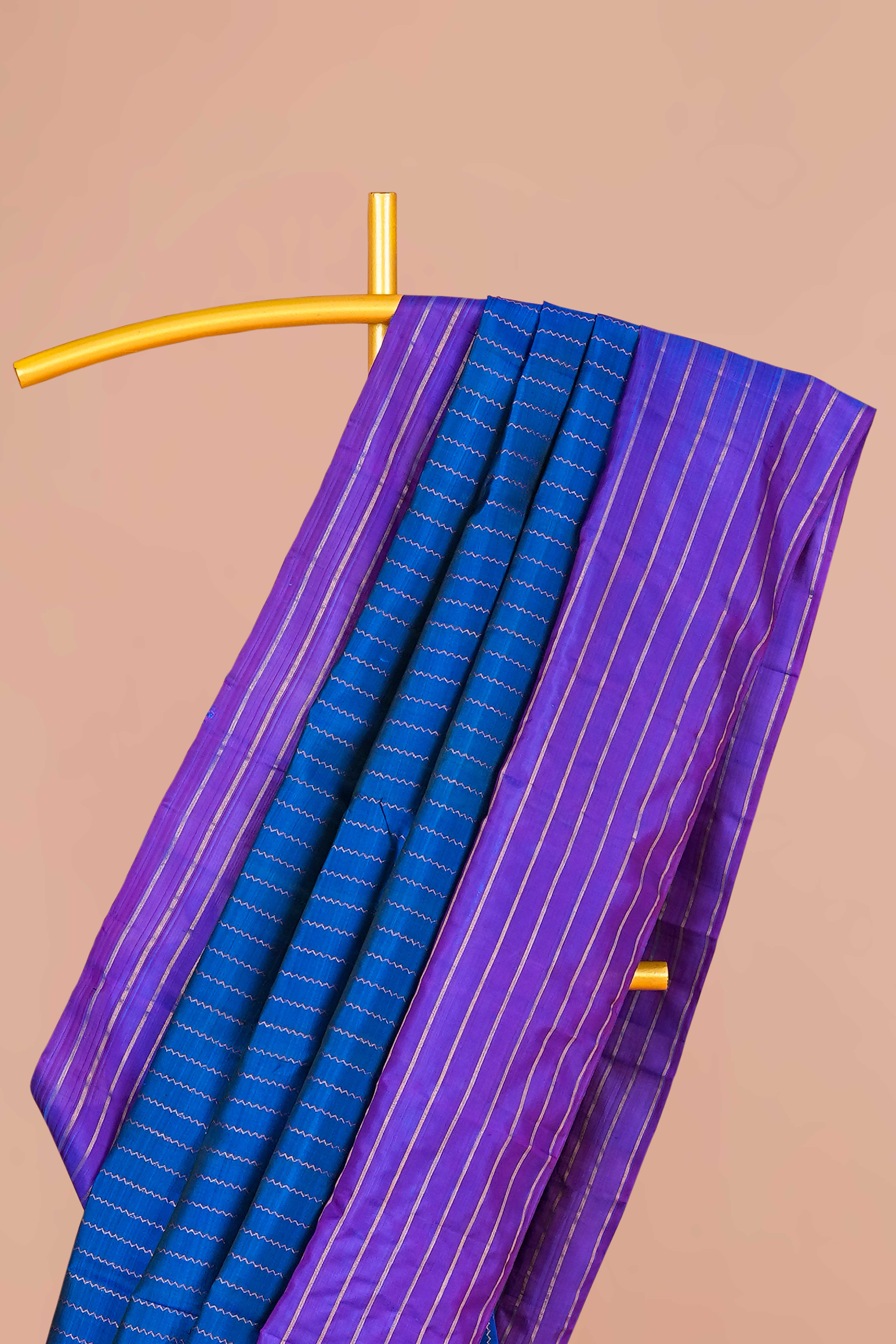 Royal Blue & Violet Striped Body Kanchipuram Pure Silk Saree - Image 2