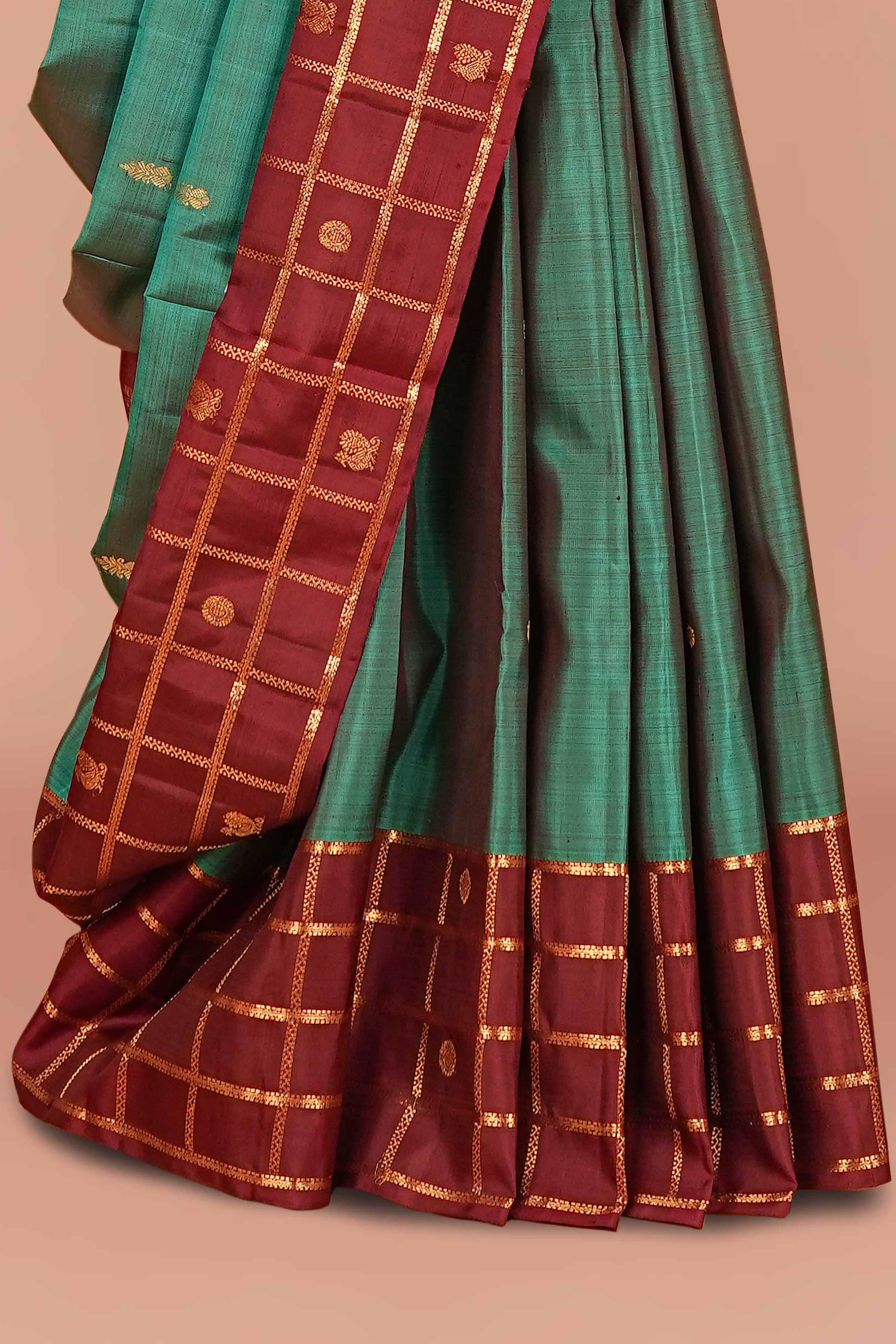 Teal Green & Maroon Checked Border Kanchipuram Pure Silk Saree - Image 3