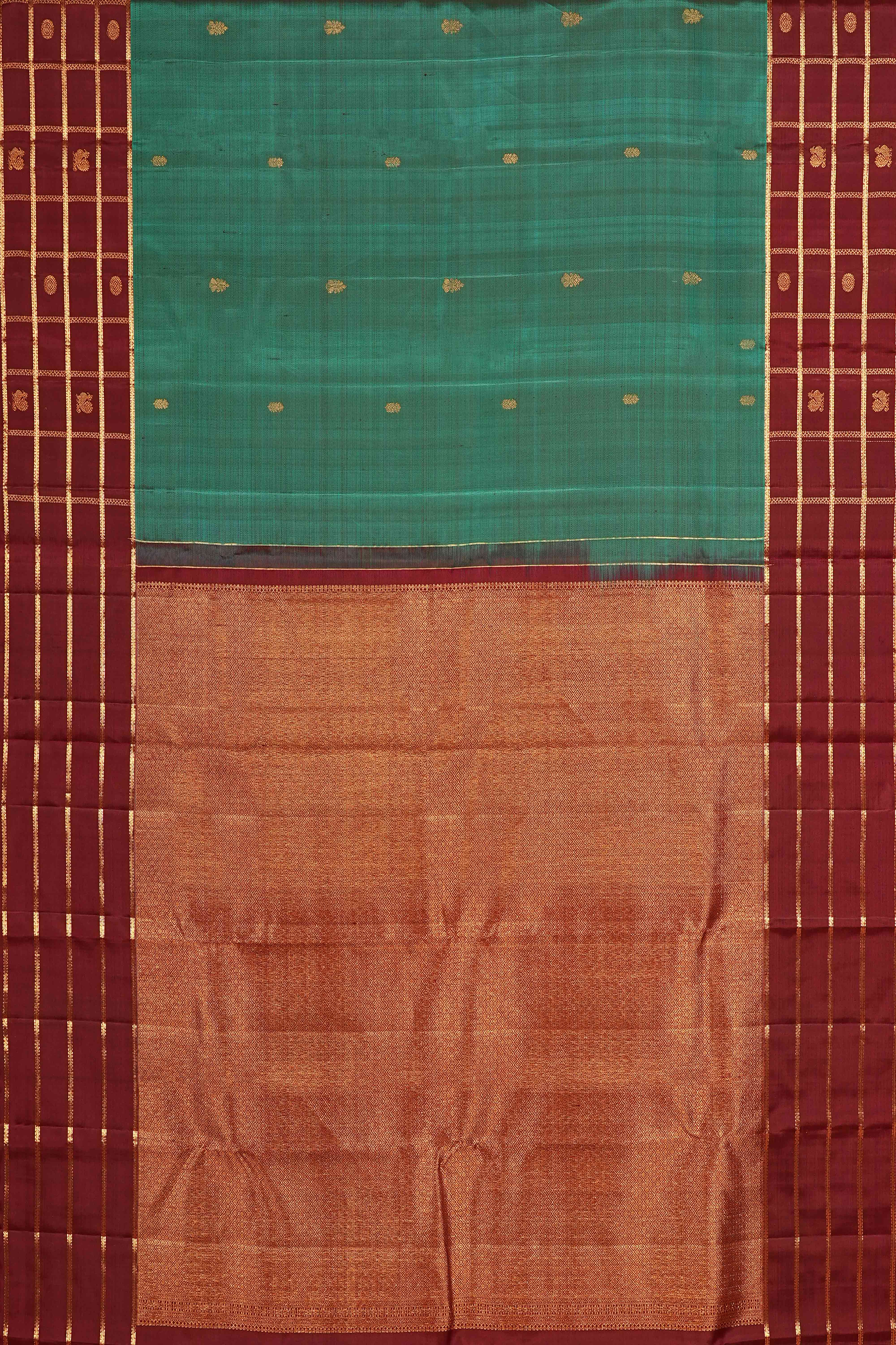 Teal Green & Maroon Checked Border Kanchipuram Pure Silk Saree - Image 4