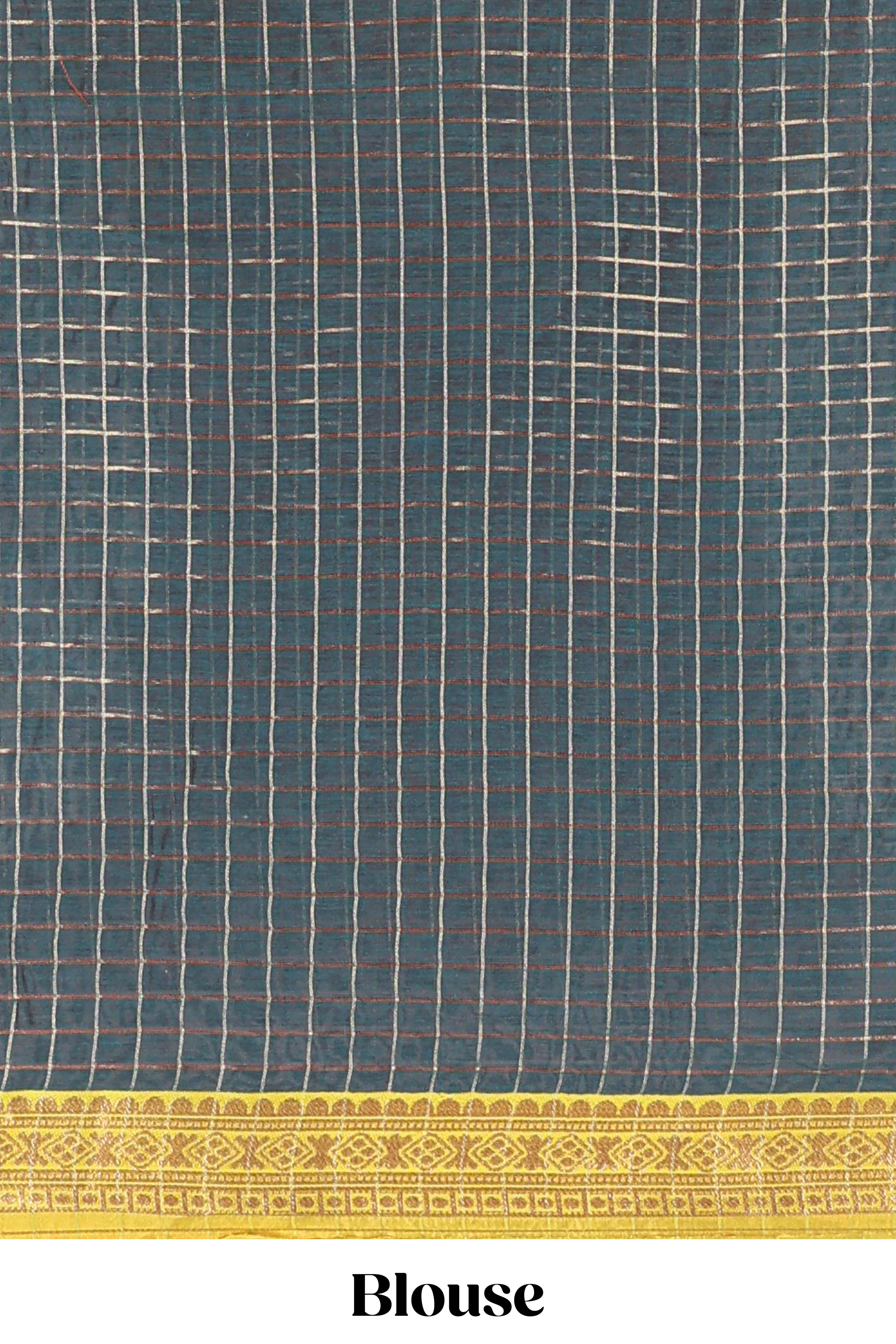 Turmeric Yellow and Green Chettinad Art Cotton Half Saree with Gold Zari Checks Traditional Border and Elegant Woven Detailing Shawl with a Waist Belt - Image 4